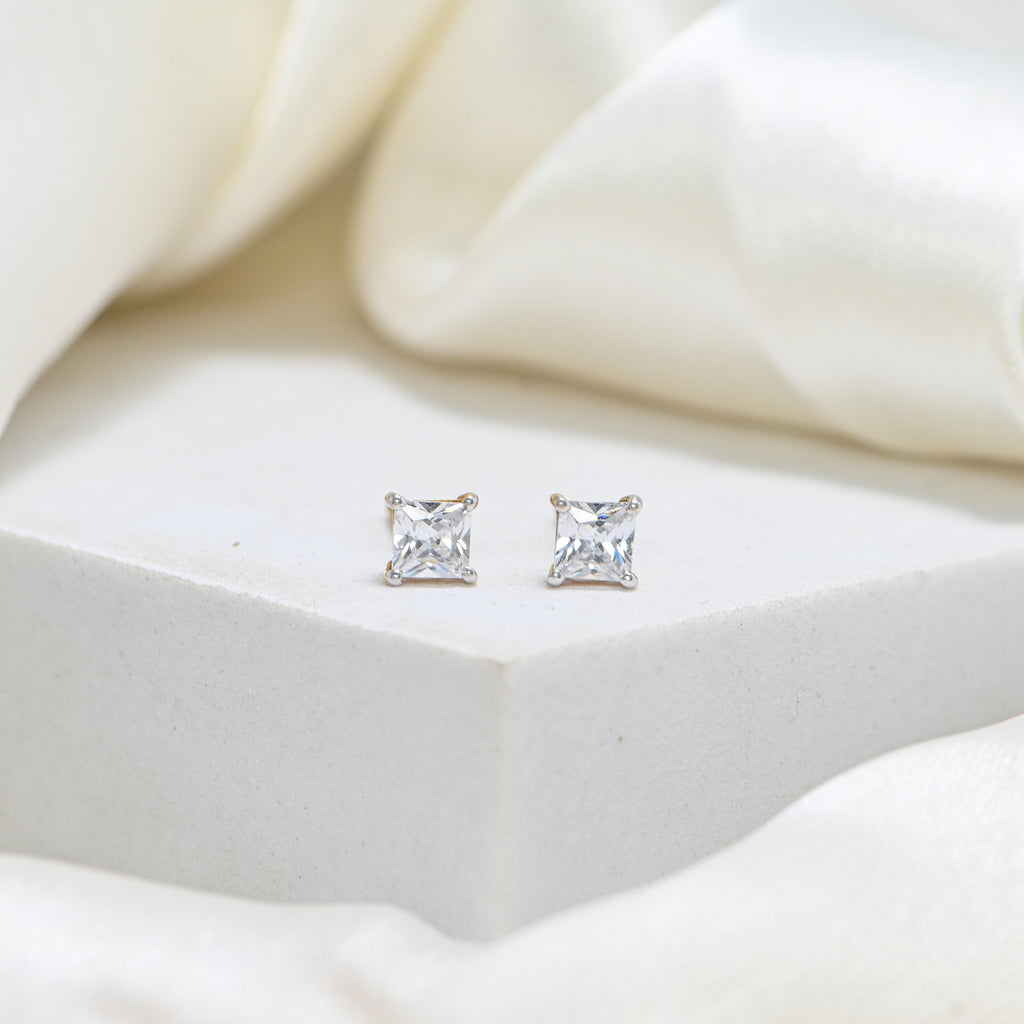 18KT Hallmark Gold Square Princess Cut Cubic Zirconia Earrings with Rhodium Finish