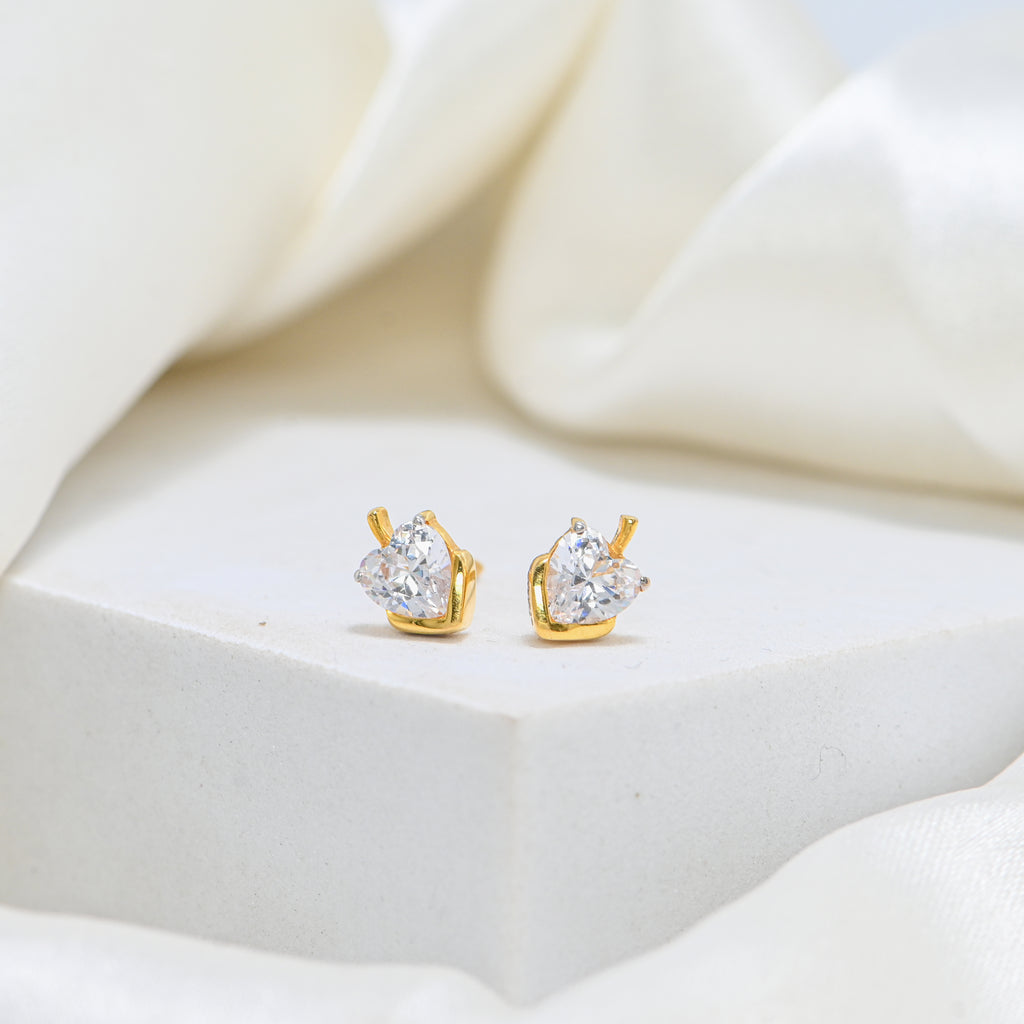 22KT Hallmark Gold Heart Brilliant Cut Cubic Zirconia Earrings with Rhodium Finish