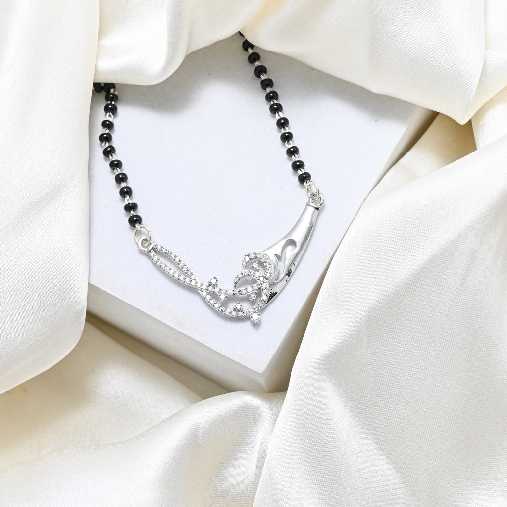 925 Sterling Silver Round Brilliant Cubic Zirconia Mangalsutra with Rhodium Finish
