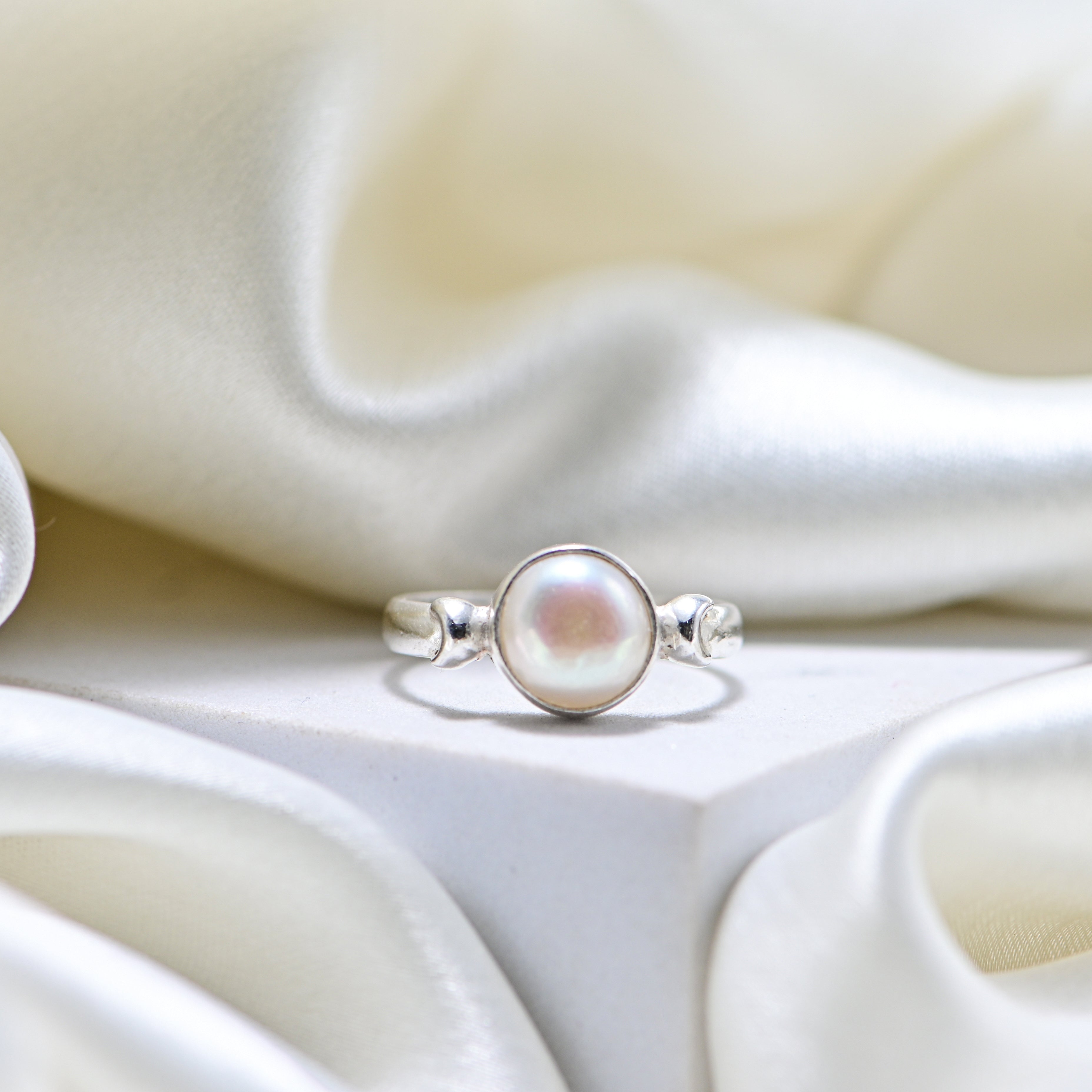 Round Pearl Ring, 925 Sterling Silver, Simple Gift for Her