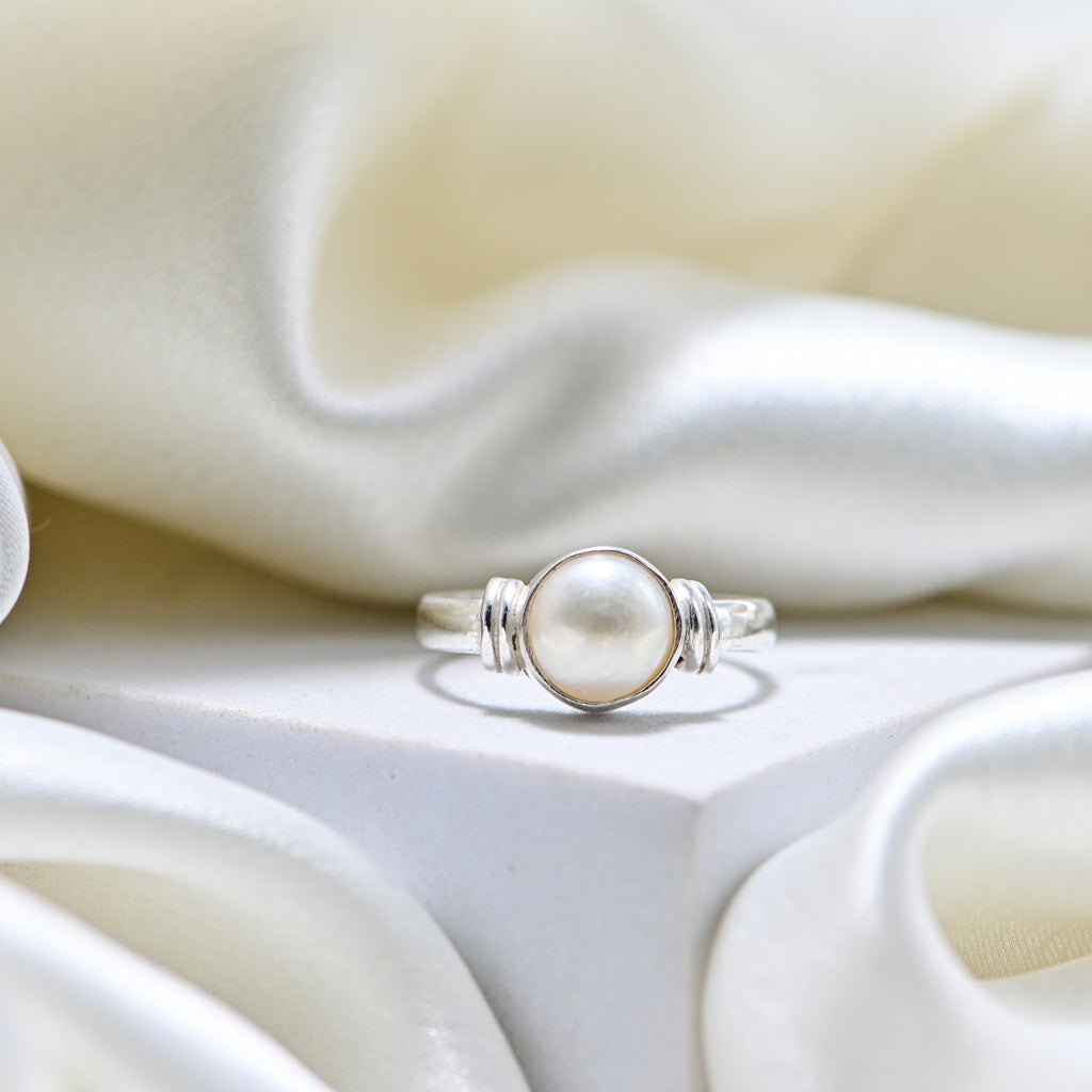 925 Silver Pearl Ring, Round High Polish Everyday Wear Jewellery