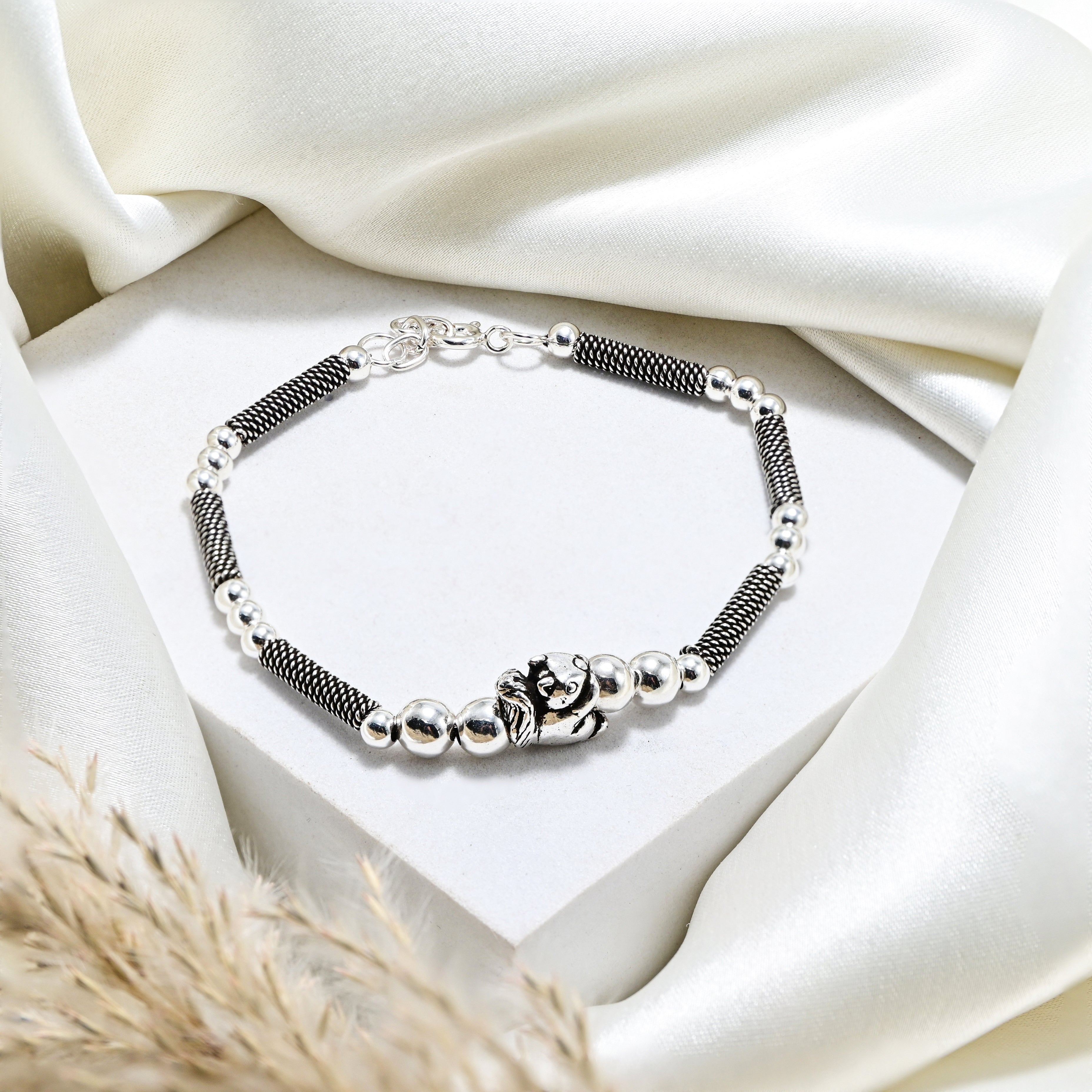Minimal Turkish Silver Beaded Bracelet, Vintage Oxidized Bead Jewelry