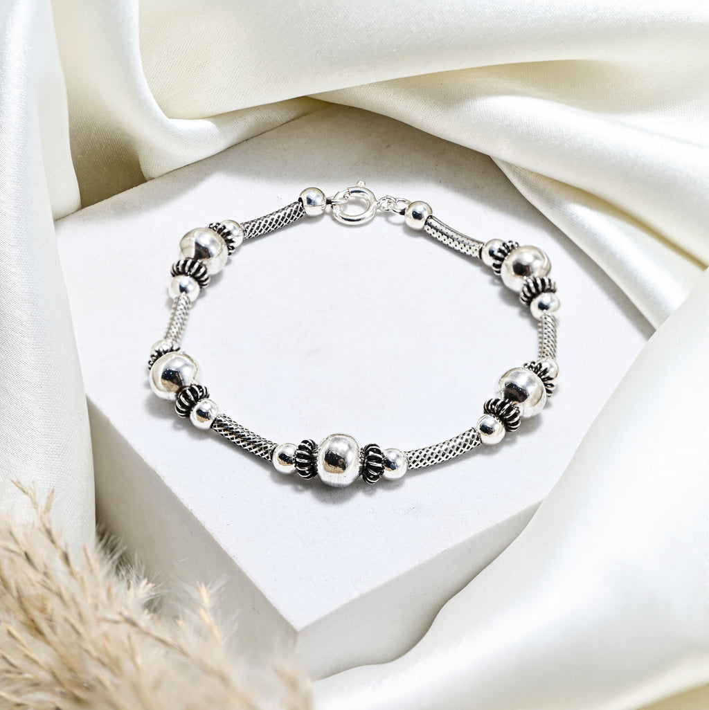 925 Sterling Silver Oxidized Turkish Bracelet, Handmade Vintage Beaded Bracelet