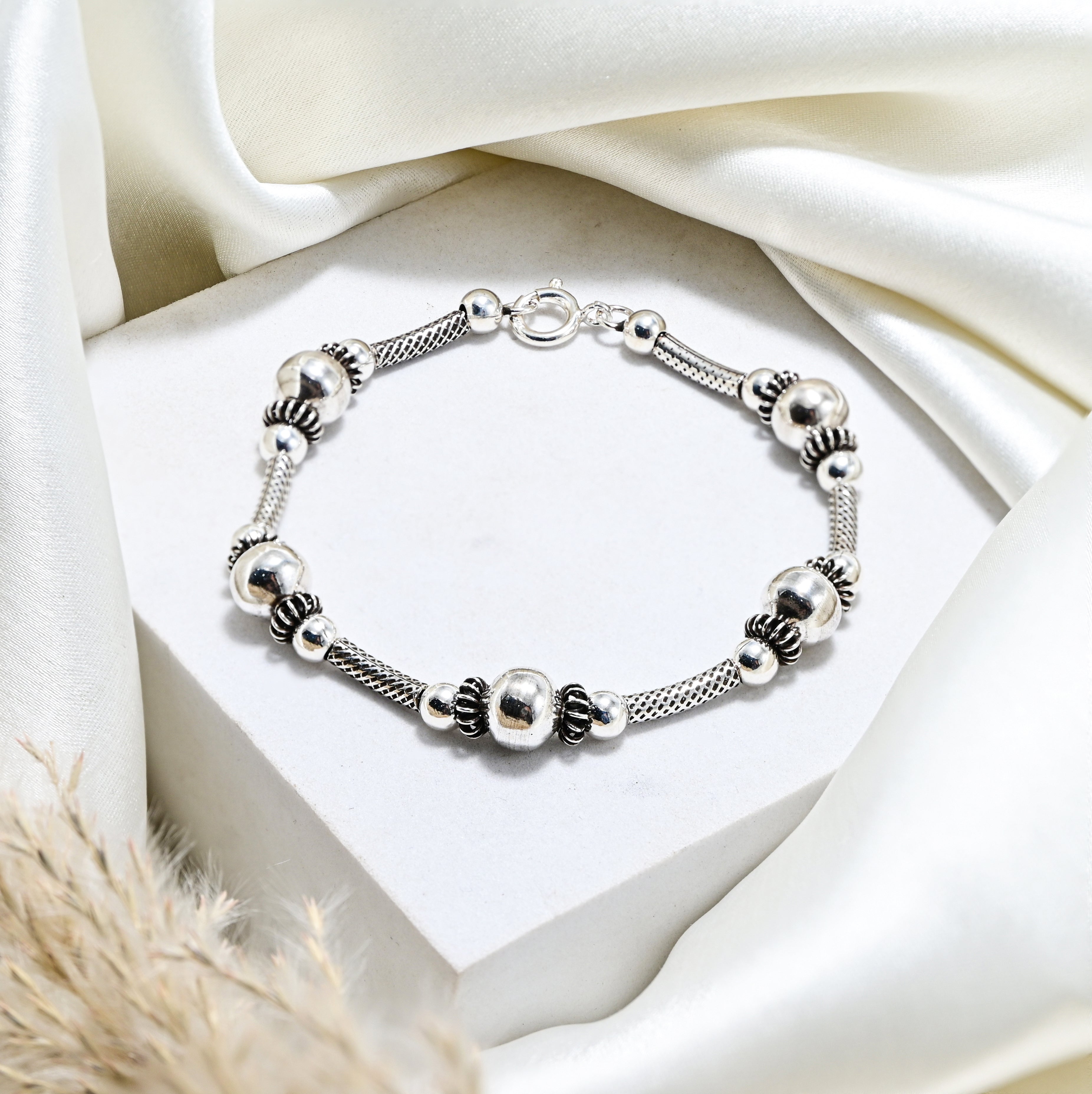 925 Sterling Silver Oxidized Turkish Bracelet, Handmade Vintage Beaded Bracelet