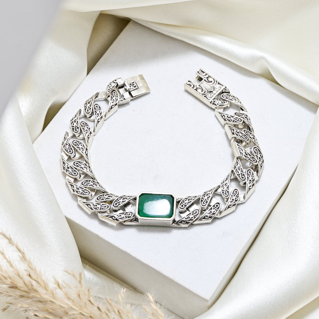 925 Sterling Silver Kada Bracelet Green Stone Traditional Vintage Design Jewelry