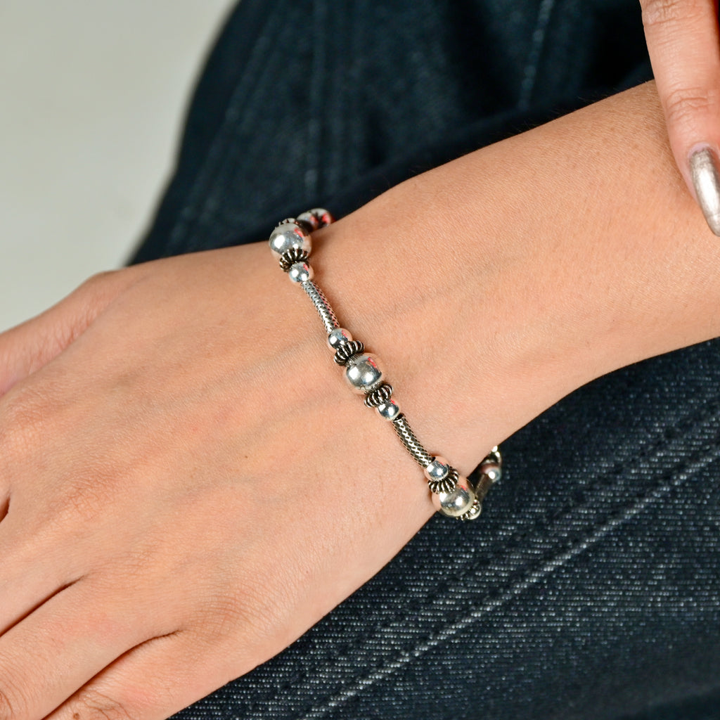 925 Sterling Silver Oxidized Turkish Bracelet, Handmade Vintage Beaded Bracelet