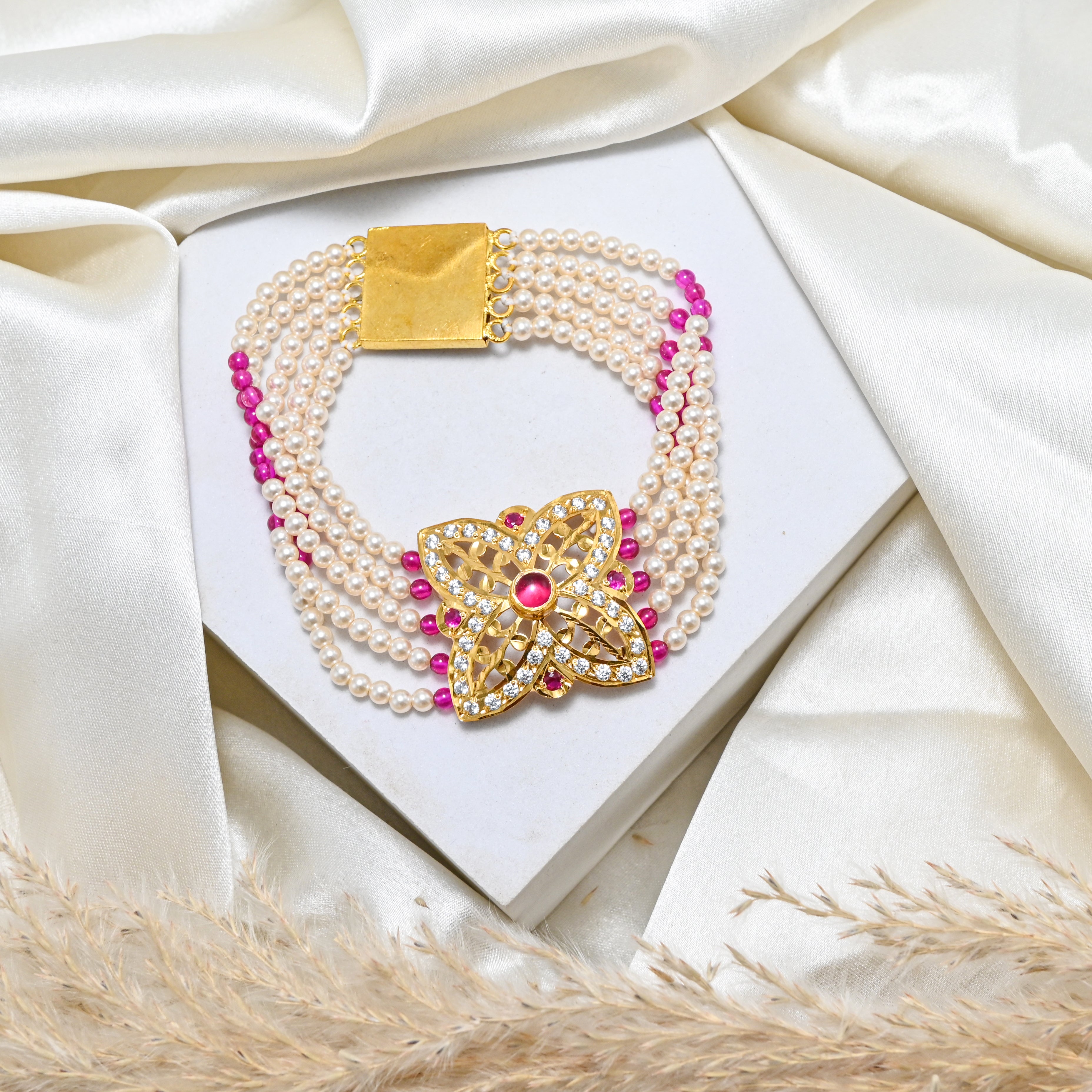 925 Sterling Silver Multi-Colour Stone & Pearl Bracelet | Full Micron Gold Polish