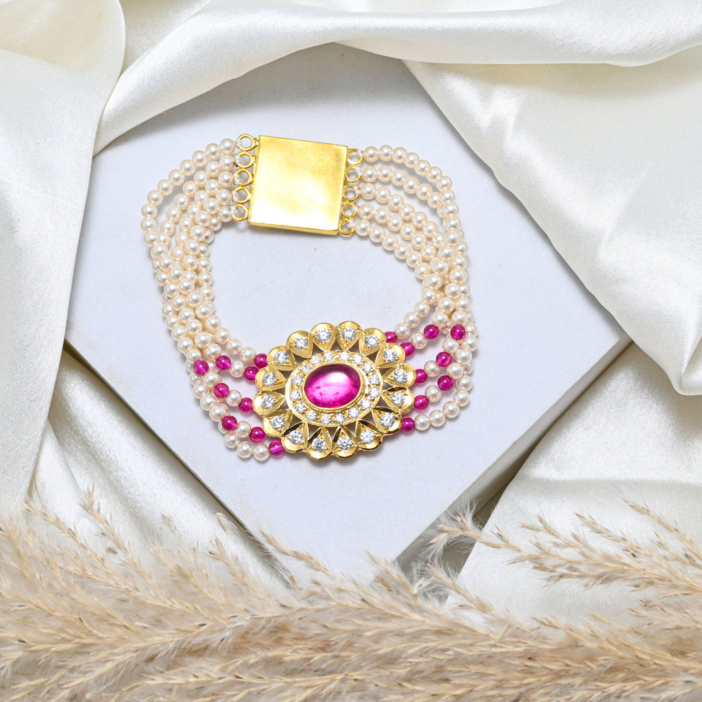 Two Pairs 925 Silver Multi-Colour Stone & Pearl Bracelets | Luxurious Gold Finish