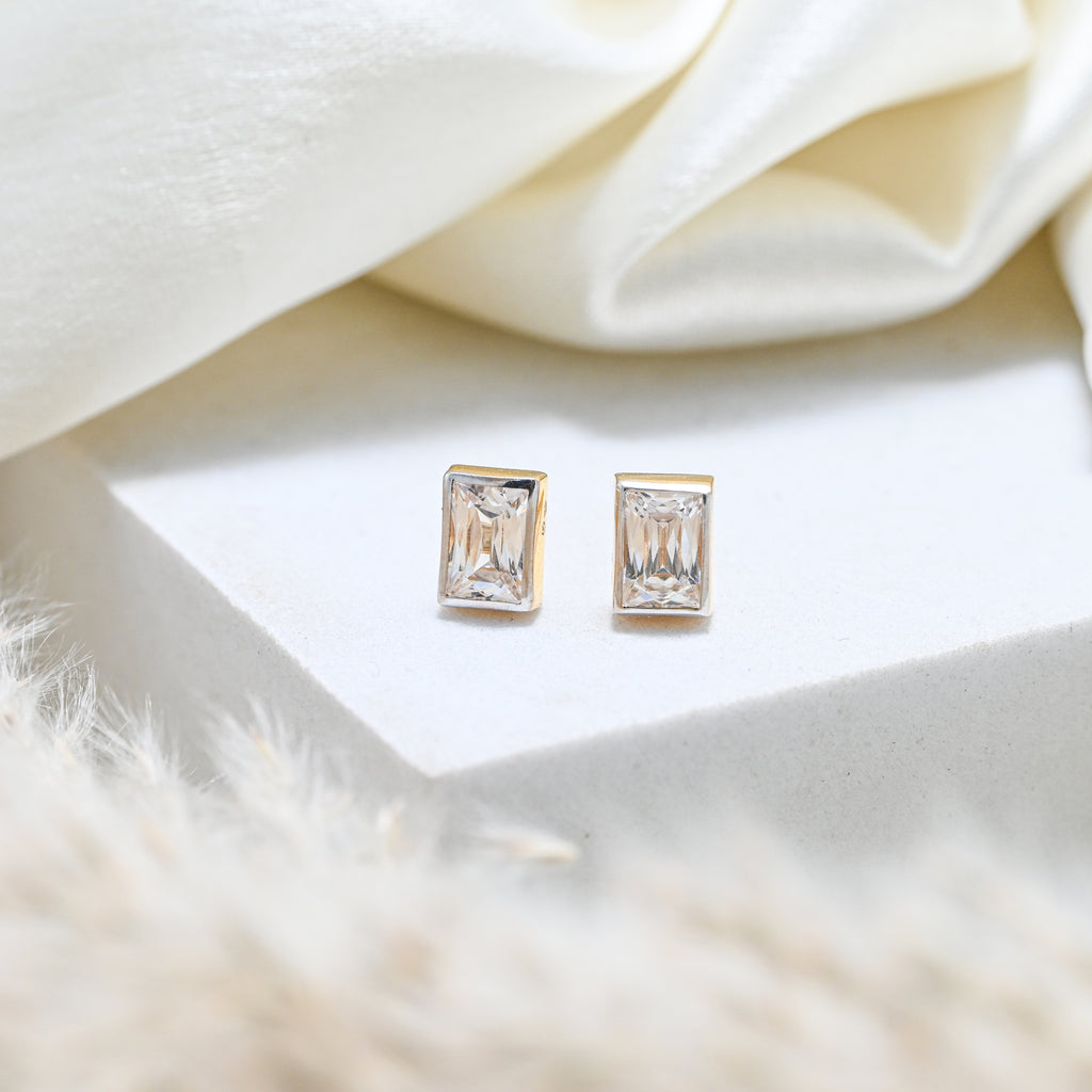 22KT Hallmark Gold Rhodium Finish Earrings with Emerald-Cut Cubic Zirconia
