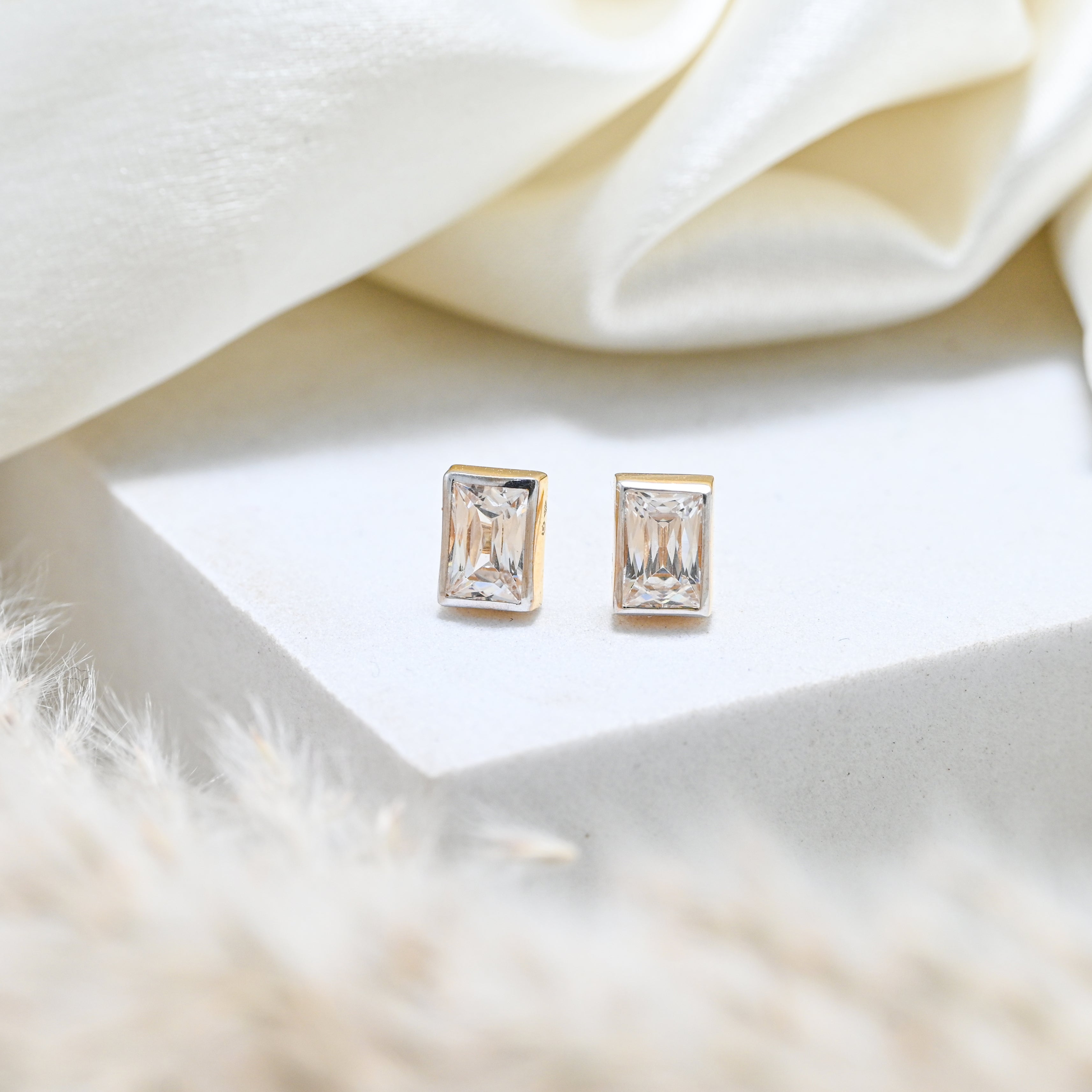 22KT Hallmark Gold Rhodium Finish Earrings with Emerald-Cut Cubic Zirconia