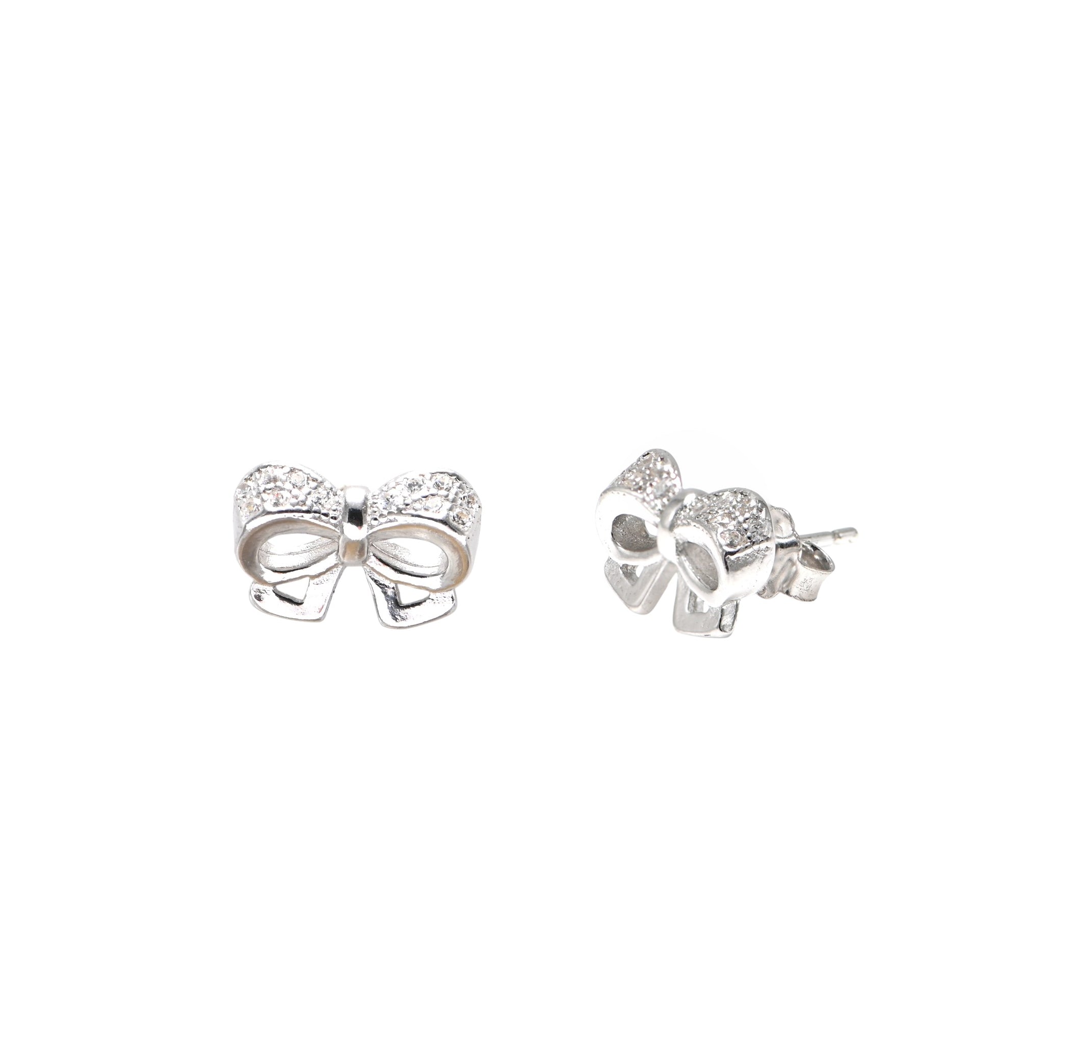 Bow 925 Sterling Silver Rhodium Finish Earrings with Round Brilliant Cubic Zirconia
