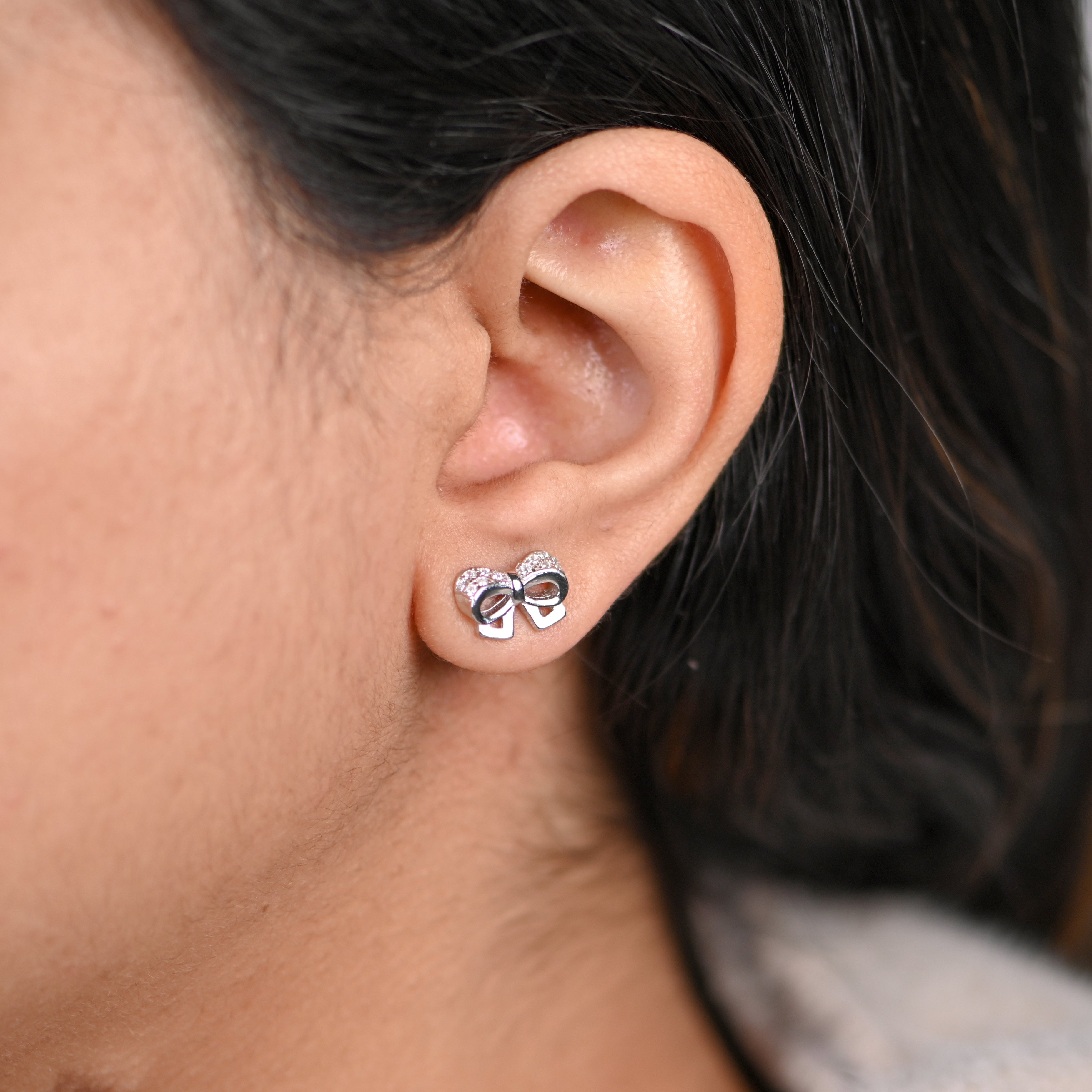 Bow 925 Sterling Silver Rhodium Finish Earrings with Round Brilliant Cubic Zirconia