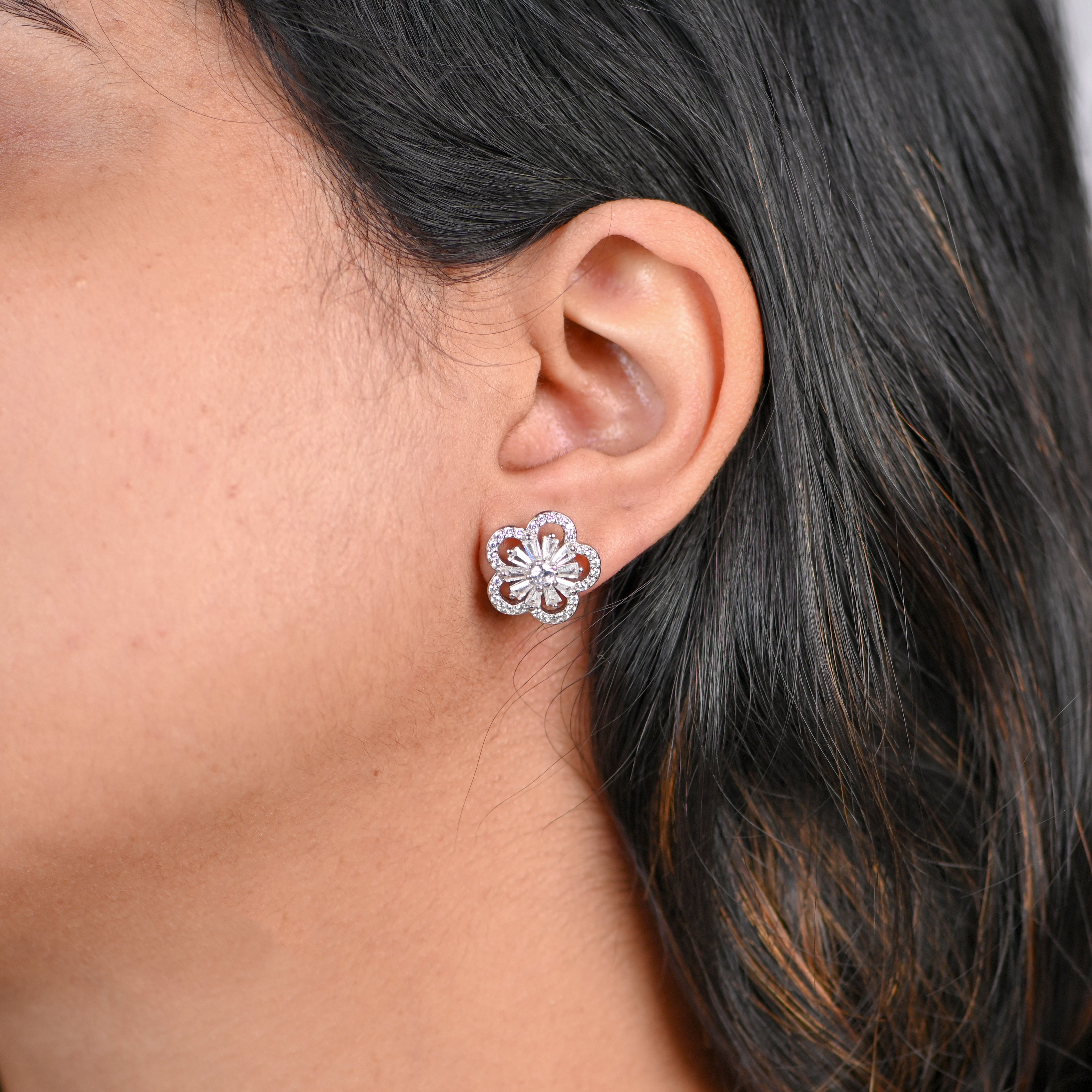 Elegant 925 Sterling Silver Rhodium Finish Round Cubic Zirconia Earrings