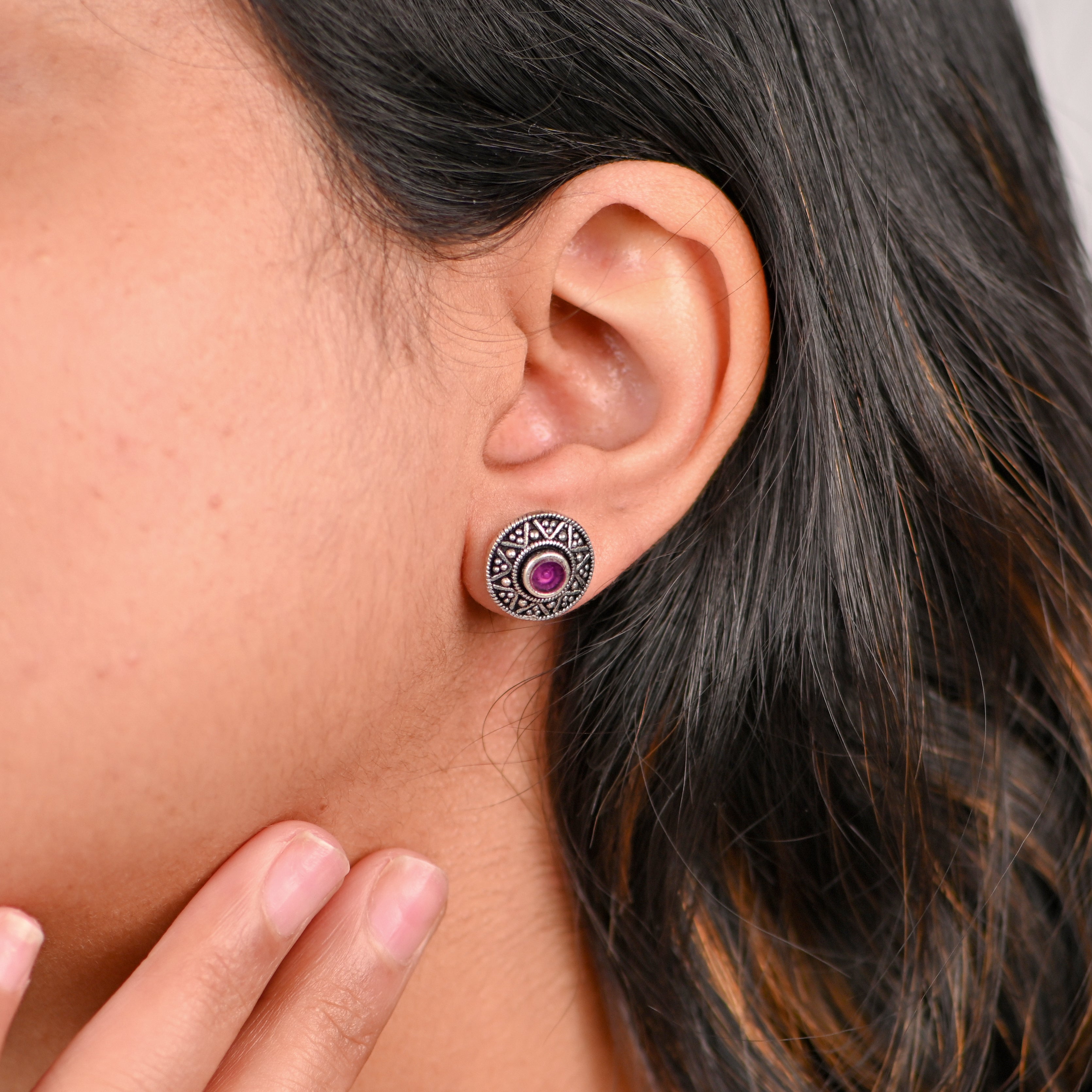 Vintage Style 925 Sterling Silver Oxidised Round Red Garnet Earrings