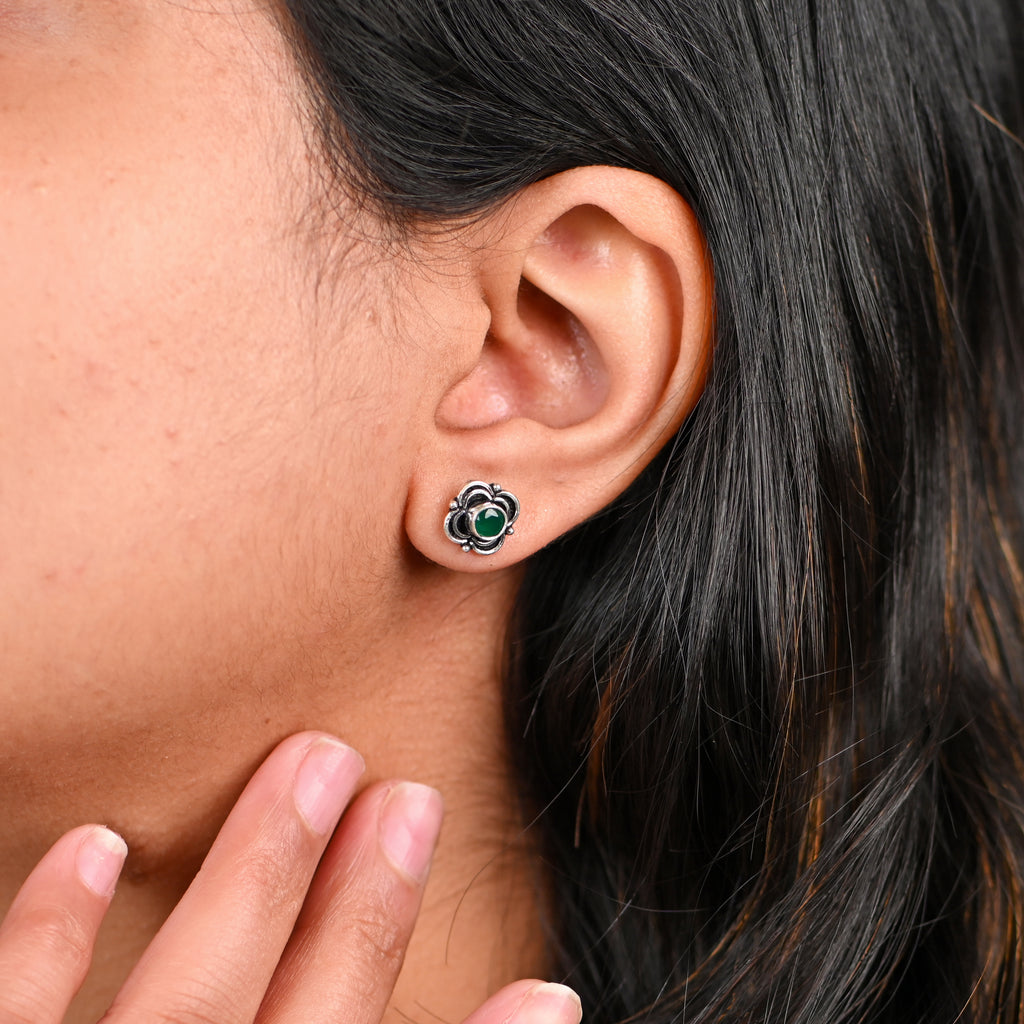 925 Sterling Silver Oxidised Emerald Round Brilliant Earrings