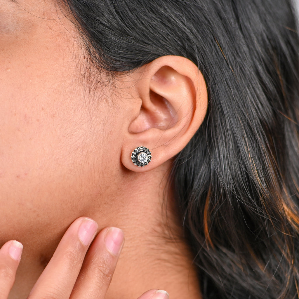 925 Sterling Silver Oxidised Cubic Zirconia Round Brilliant Earrings Small Stud