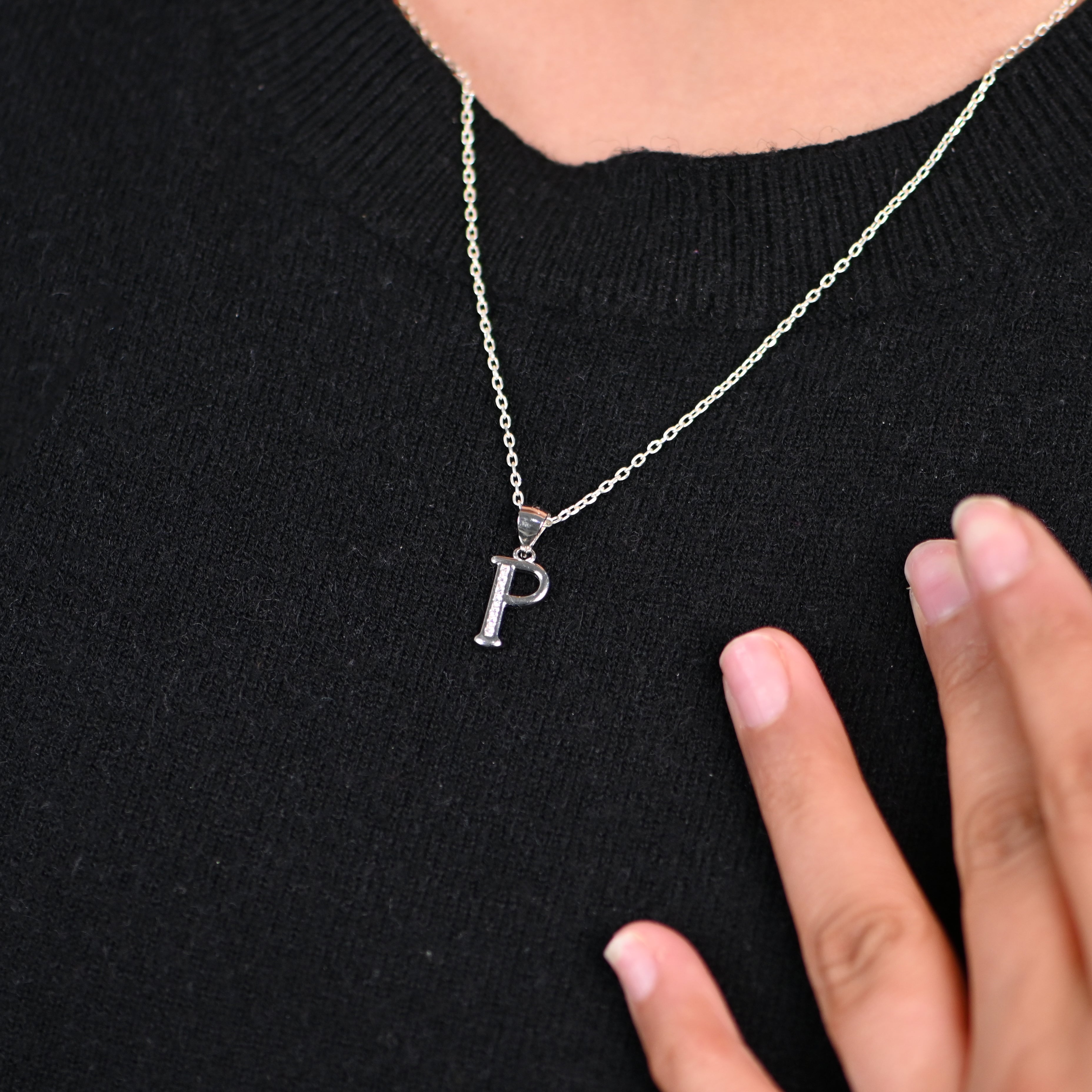 925 Sterling Silver CZ P Letter Pendant Necklace Everyday Wear