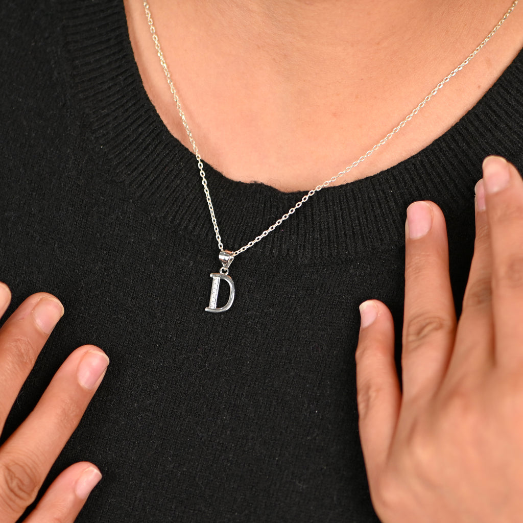 925 Sterling Silver CZ D Letter Pendant Necklace – Rhodium Finish