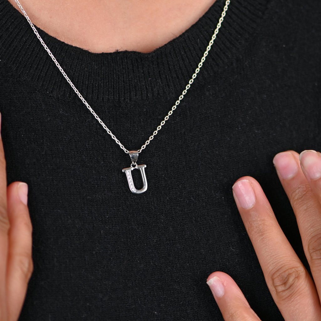 925 Sterling Silver CZ U Letter Pendant Necklace – Rhodium Finish