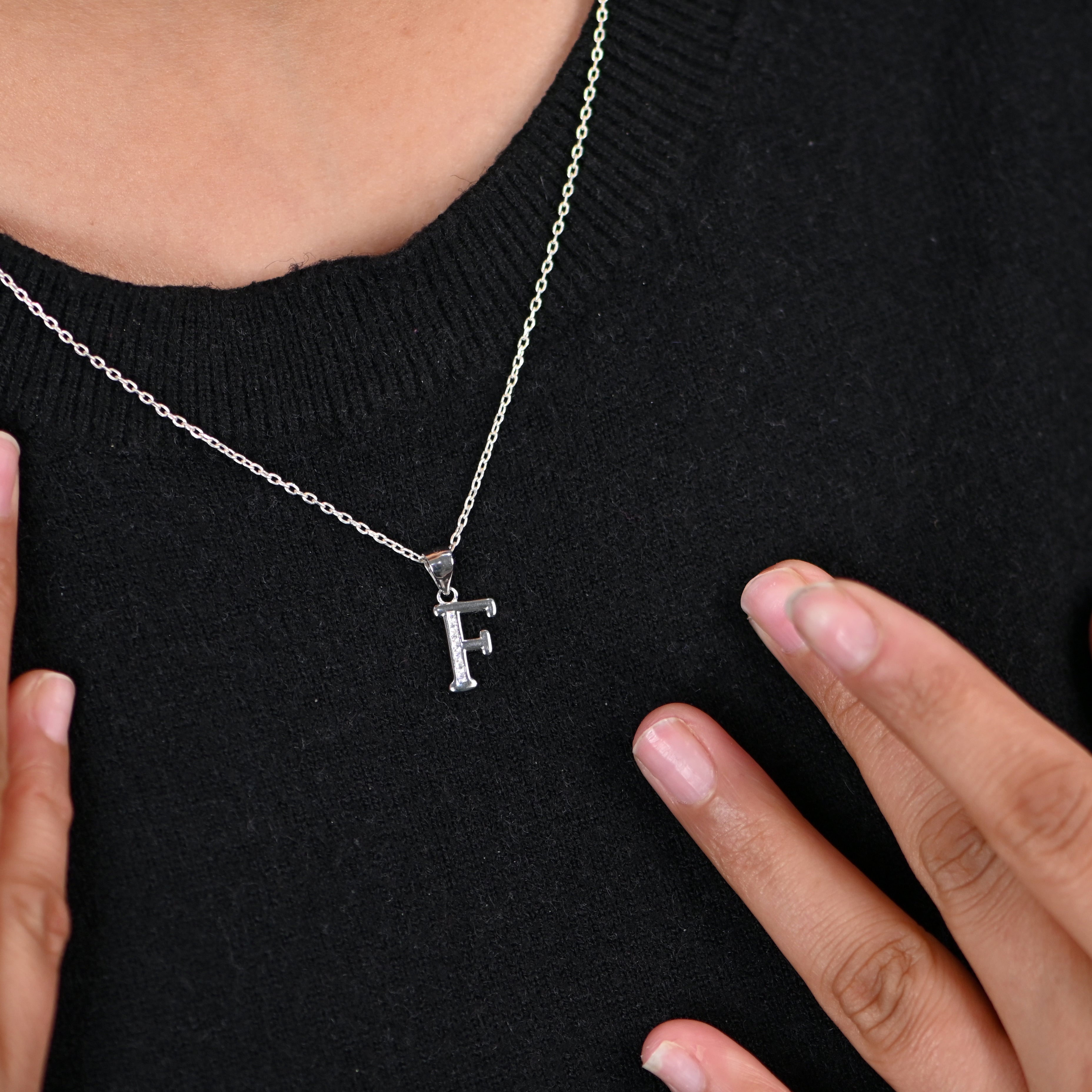 925 Sterling Silver Rhodium-Plated F Letter Pendant with Round Brilliant Cubic Zirconia