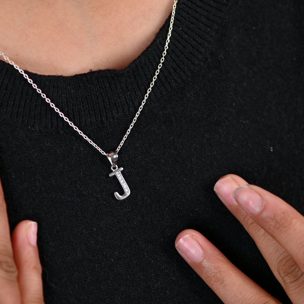925 Sterling Silver J Alphabet Pendant with Sparkling CZ Rhodium Plated