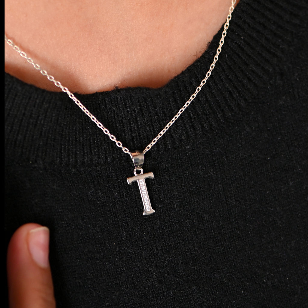 925 Sterling Silver T Letter Necklace CZ Initial Pendant Rhodium Finish