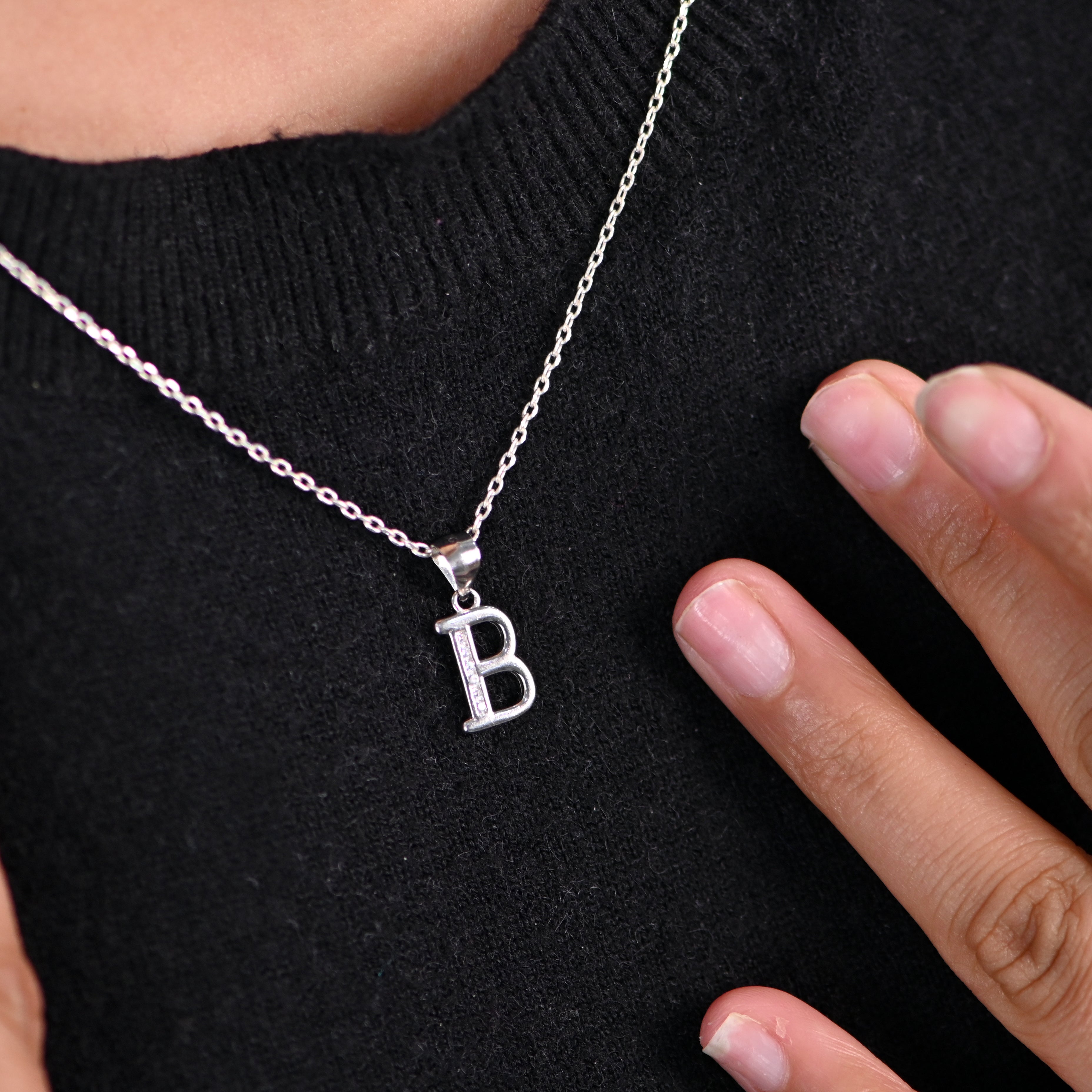 Sterling Silver B Initial Pendant Necklace with Round Brilliant CZ, Rhodium Plated