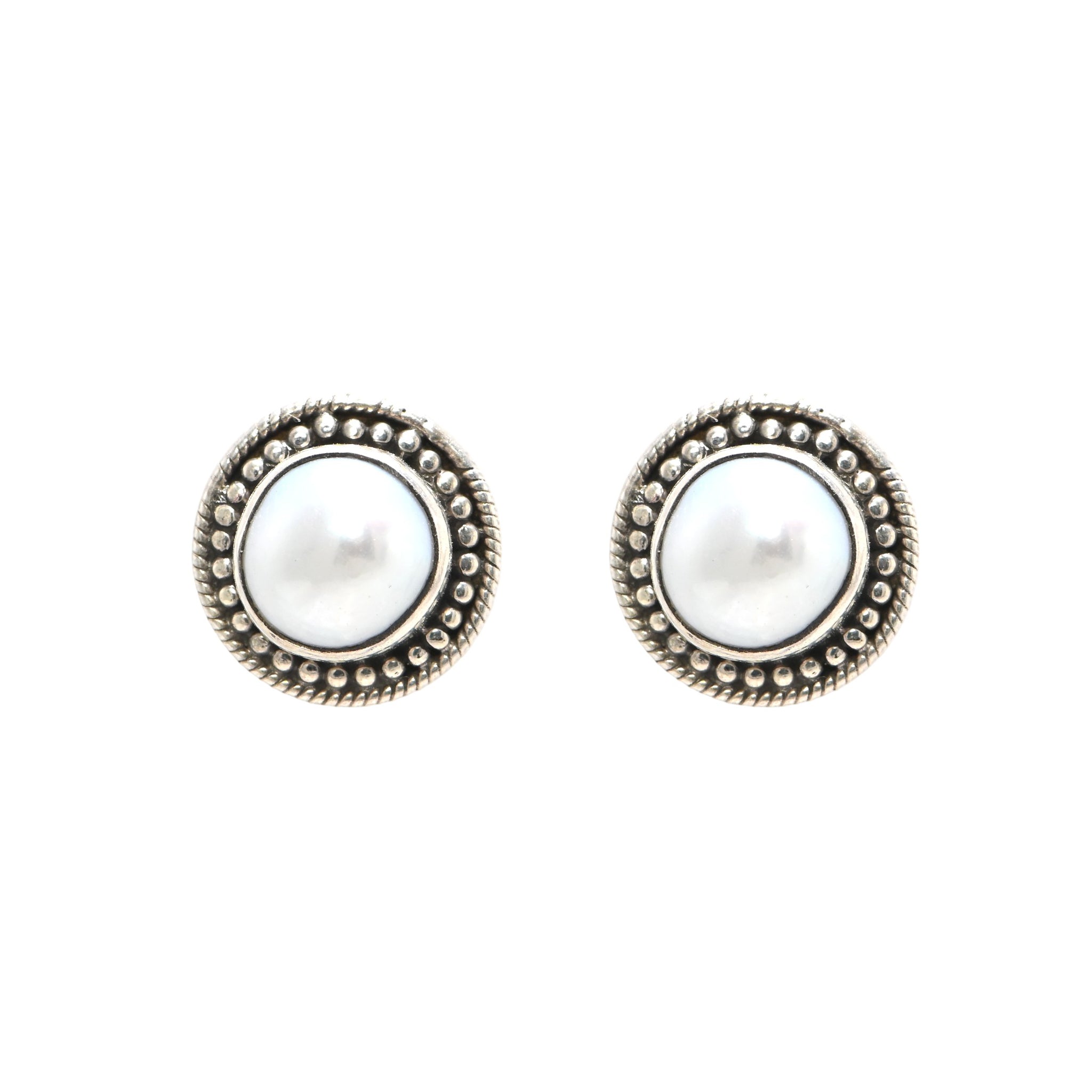 Antique Finish 925 Sterling Silver Round Pearl Earrings