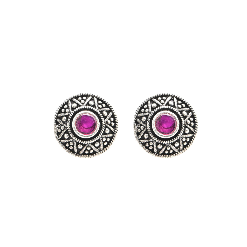 Vintage Style 925 Sterling Silver Oxidised Round Red Garnet Earrings