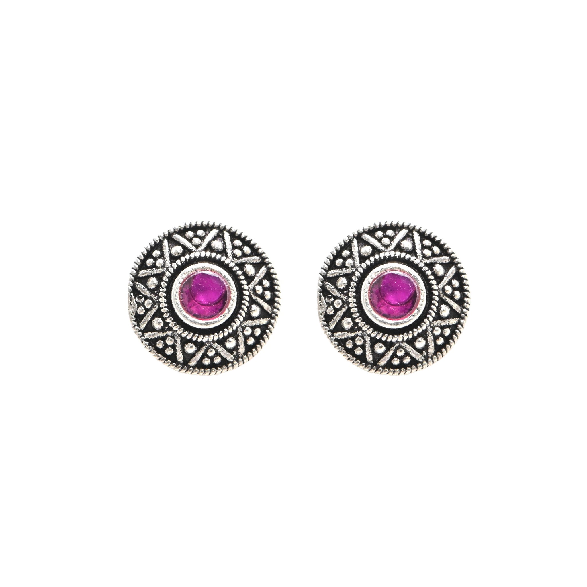 Vintage Style 925 Sterling Silver Oxidised Round Red Garnet Earrings