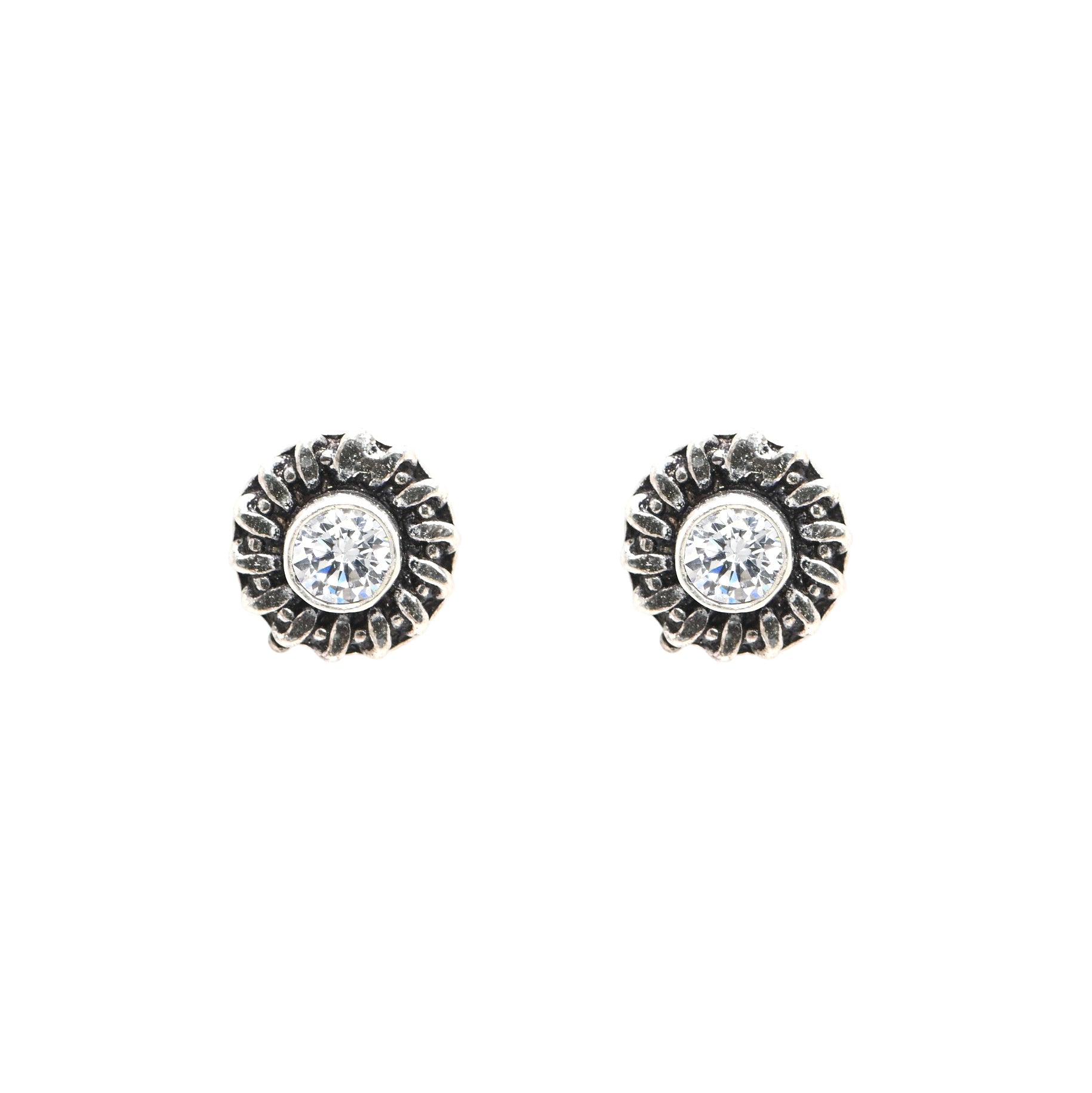 925 Sterling Silver Oxidised Cubic Zirconia Round Brilliant Earrings Small Stud