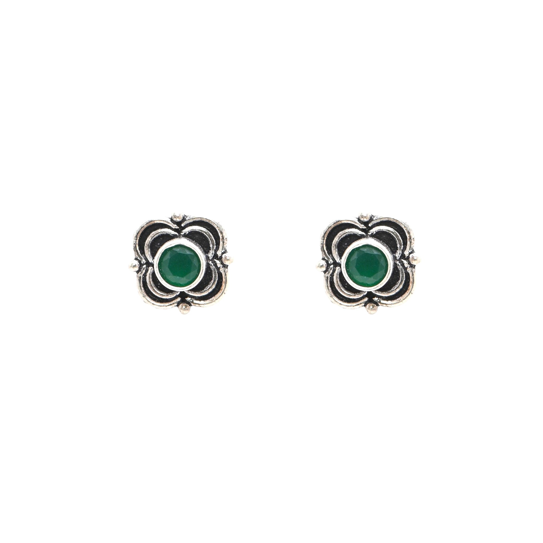 925 Sterling Silver Oxidised Emerald Round Brilliant Earrings