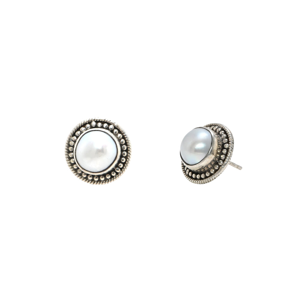 Antique Finish 925 Sterling Silver Round Pearl Earrings