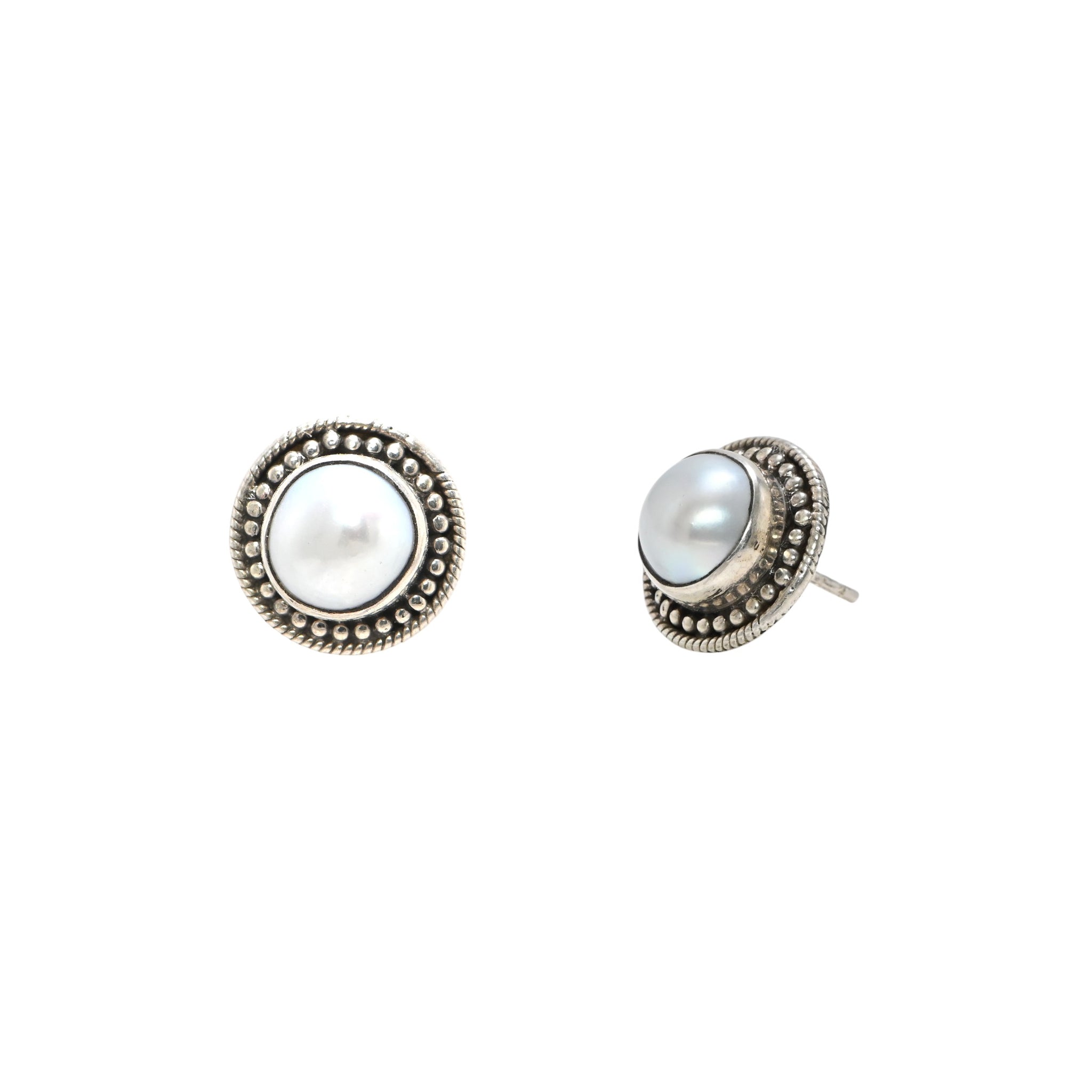 Antique Finish 925 Sterling Silver Round Pearl Earrings