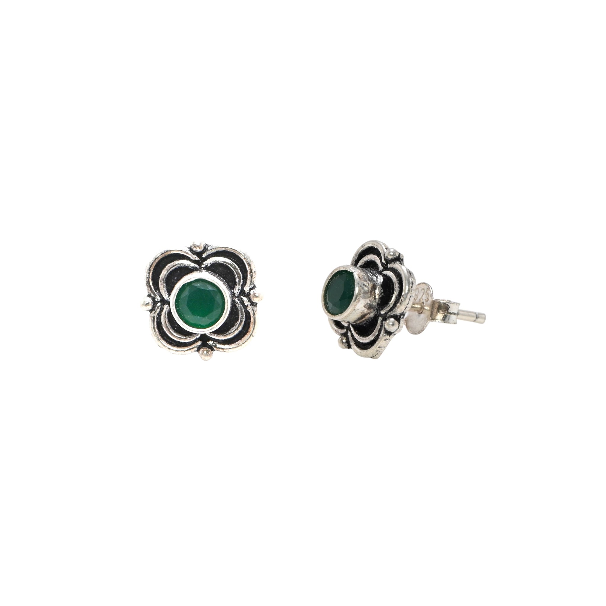 925 Sterling Silver Oxidised Emerald Round Brilliant Earrings
