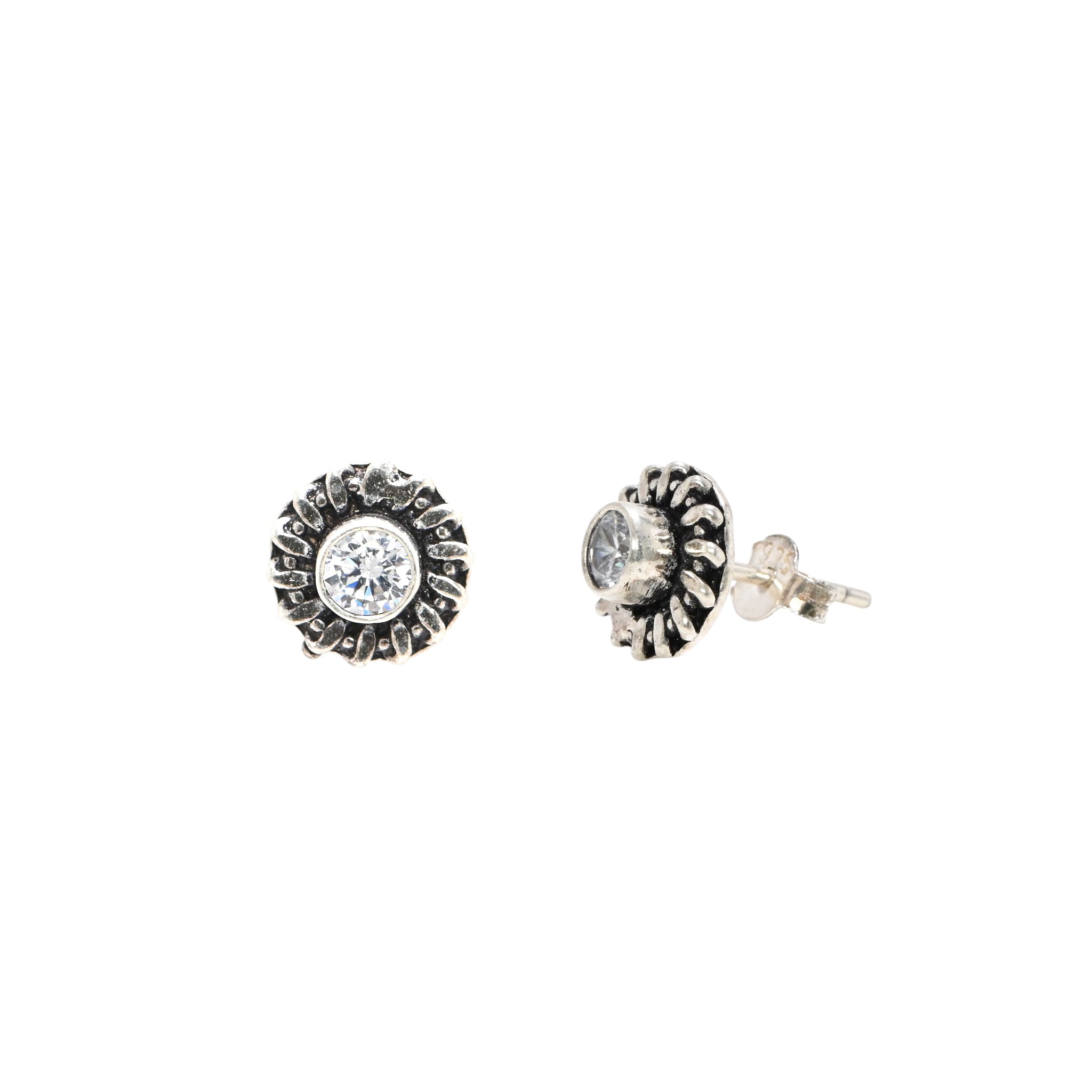 925 Sterling Silver Oxidised Cubic Zirconia Round Brilliant Earrings Small Stud
