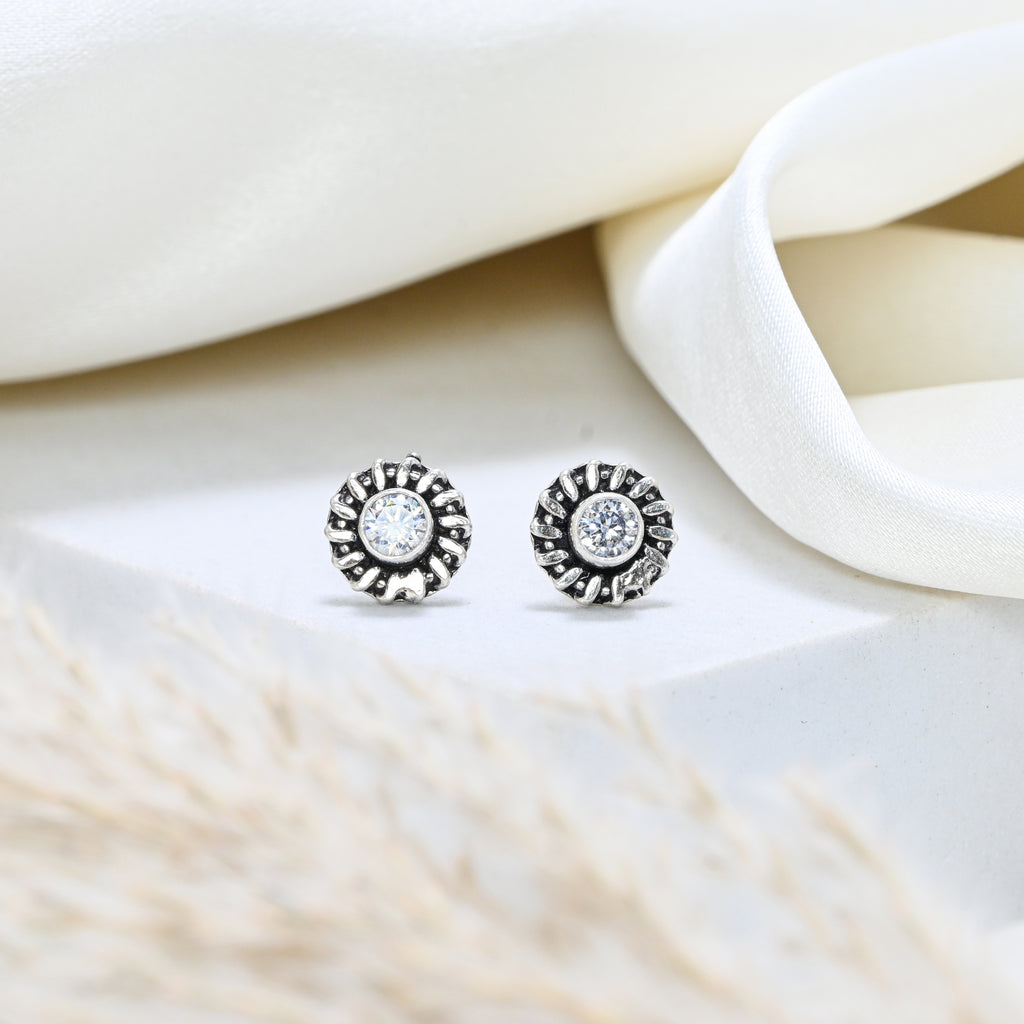 925 Sterling Silver Oxidised Cubic Zirconia Round Brilliant Earrings Small Stud