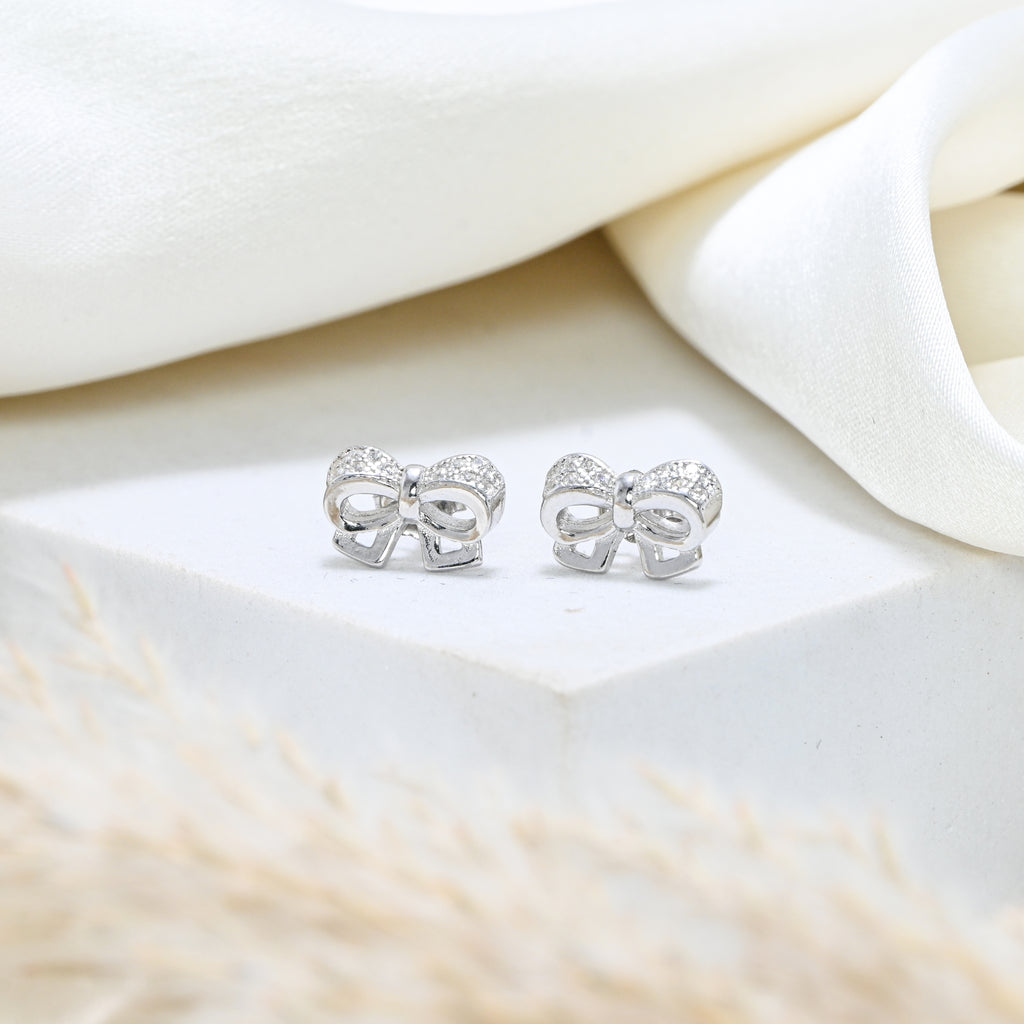 Bow 925 Sterling Silver Rhodium Finish Earrings with Round Brilliant Cubic Zirconia
