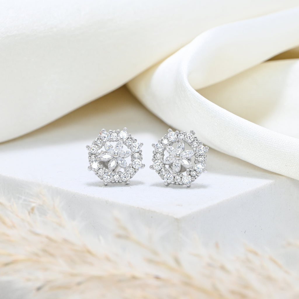 925 Silver Rhodium Round Brilliant Cubic Zirconia Earrings