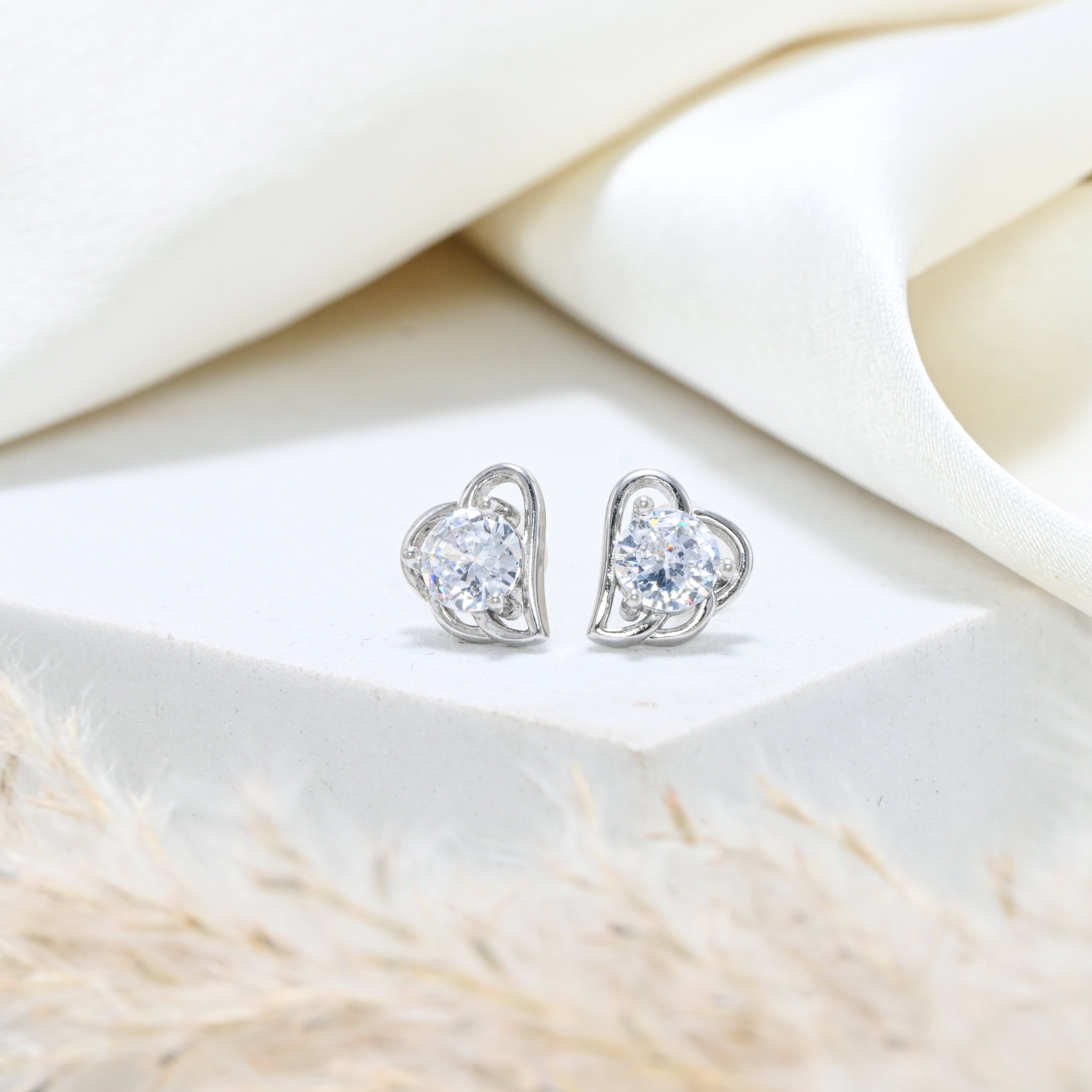 Rhodium-Plated 925 Sterling Silver Round CZ Stud Earrings