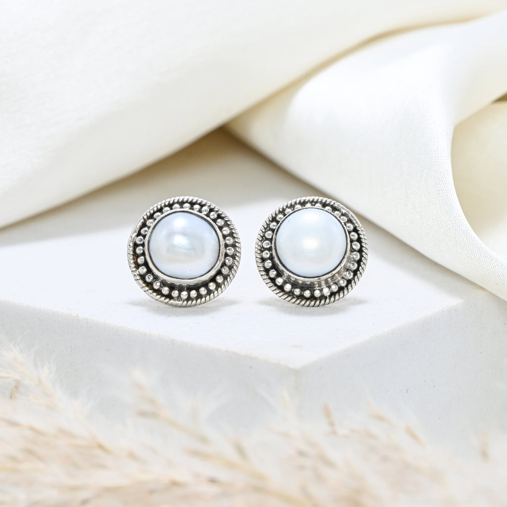 Antique Finish 925 Sterling Silver Round Pearl Earrings