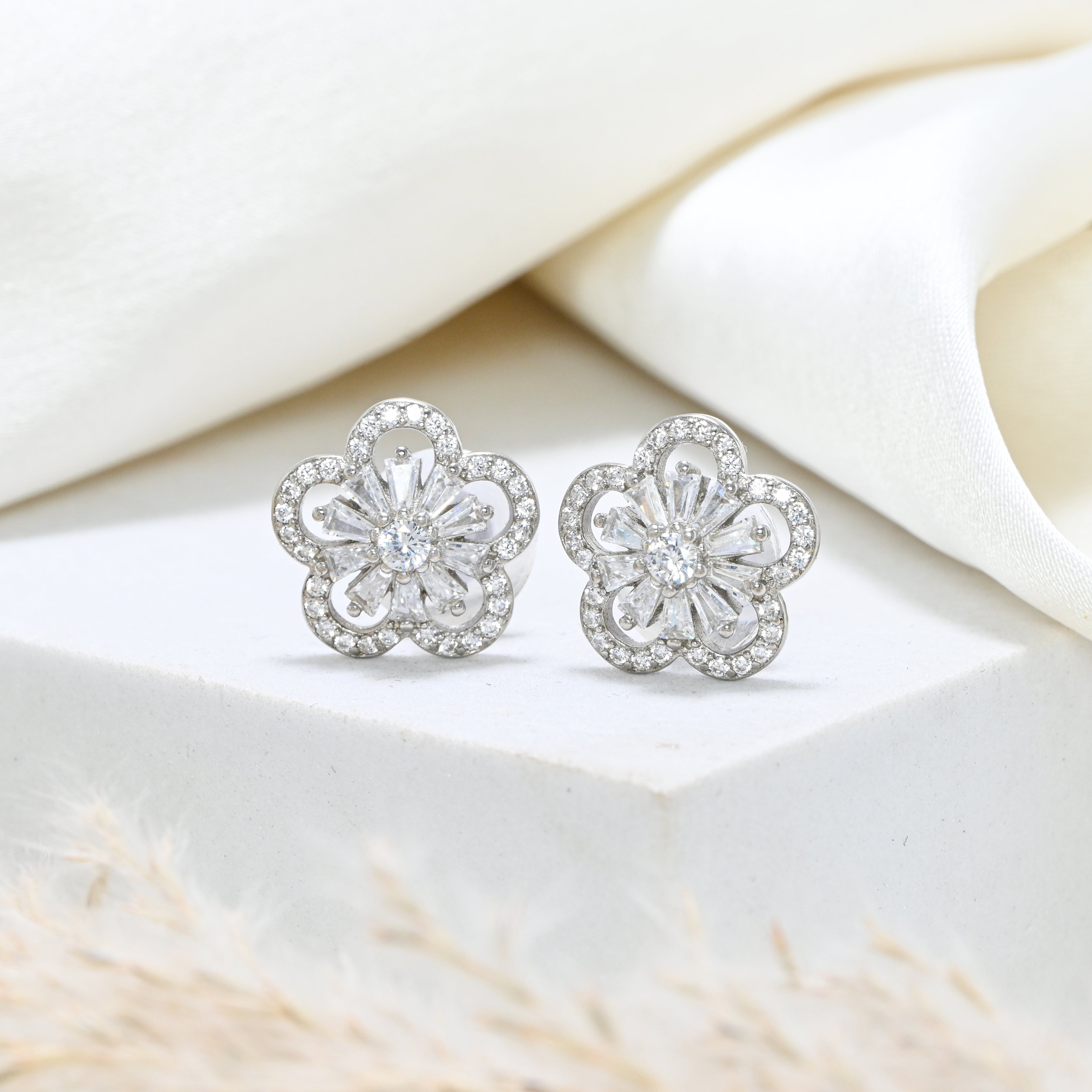 Elegant 925 Sterling Silver Rhodium Finish Round Cubic Zirconia Earrings