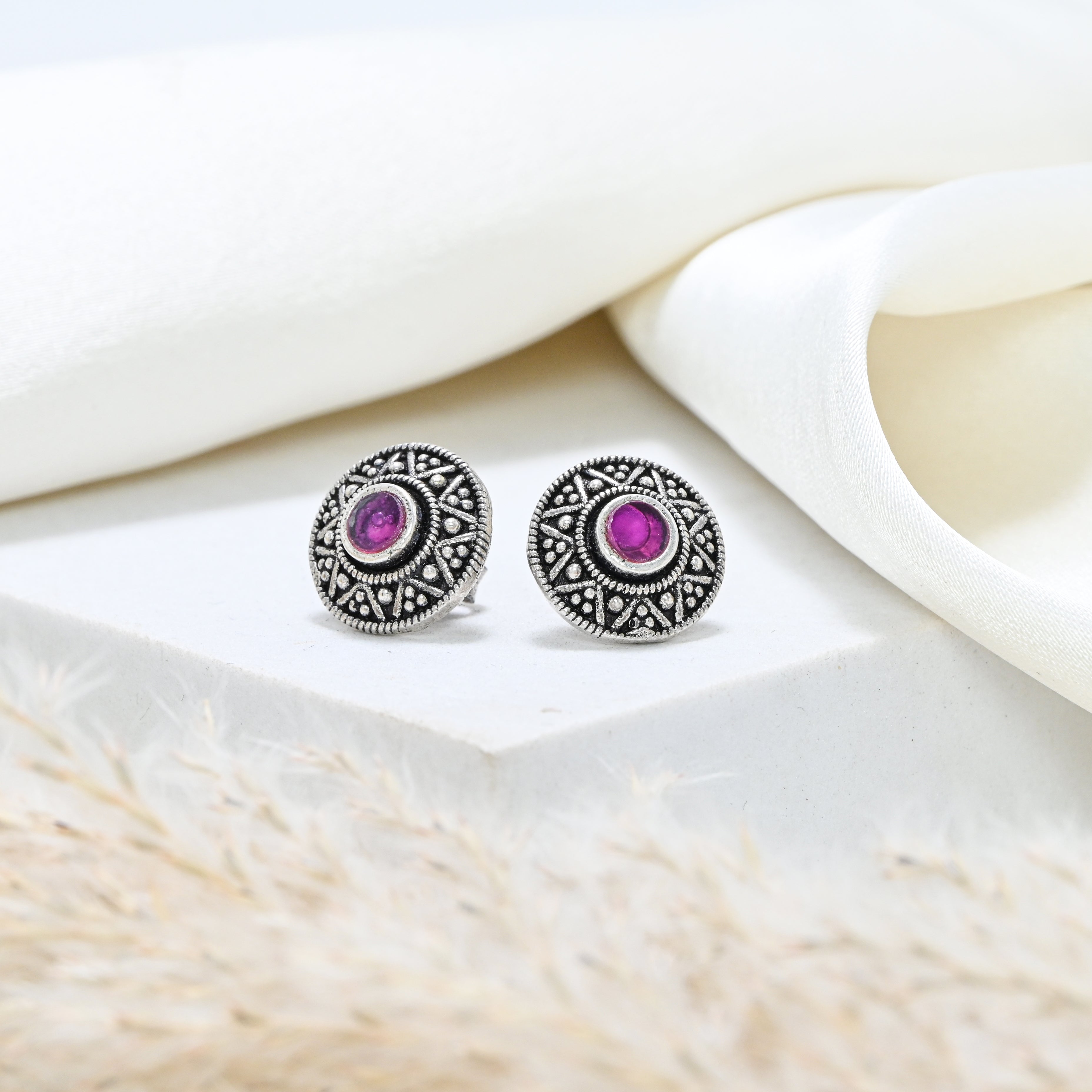 Vintage Style 925 Sterling Silver Oxidised Round Red Garnet Earrings