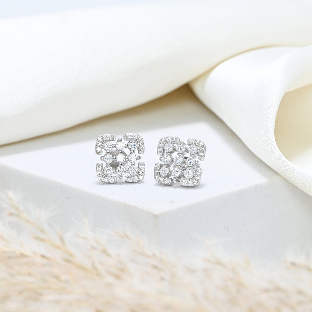 925 Sterling Silver Rhodium CZ Round Stud Earrings