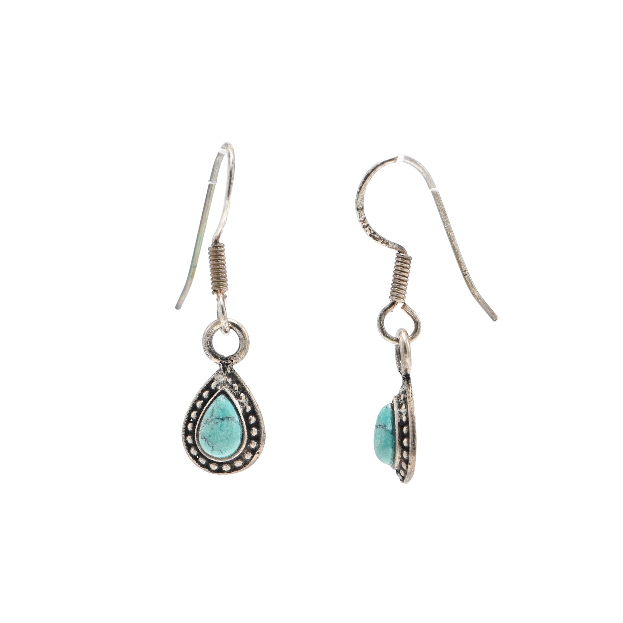 925 Sterling Silver Oxidised Turquoise Tear Drop Brilliant Earrings