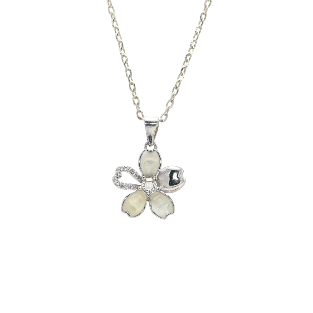 925 Sterling Silver Rhodium Plated Round Necklace with Brilliant CZ and Mother of Pearl