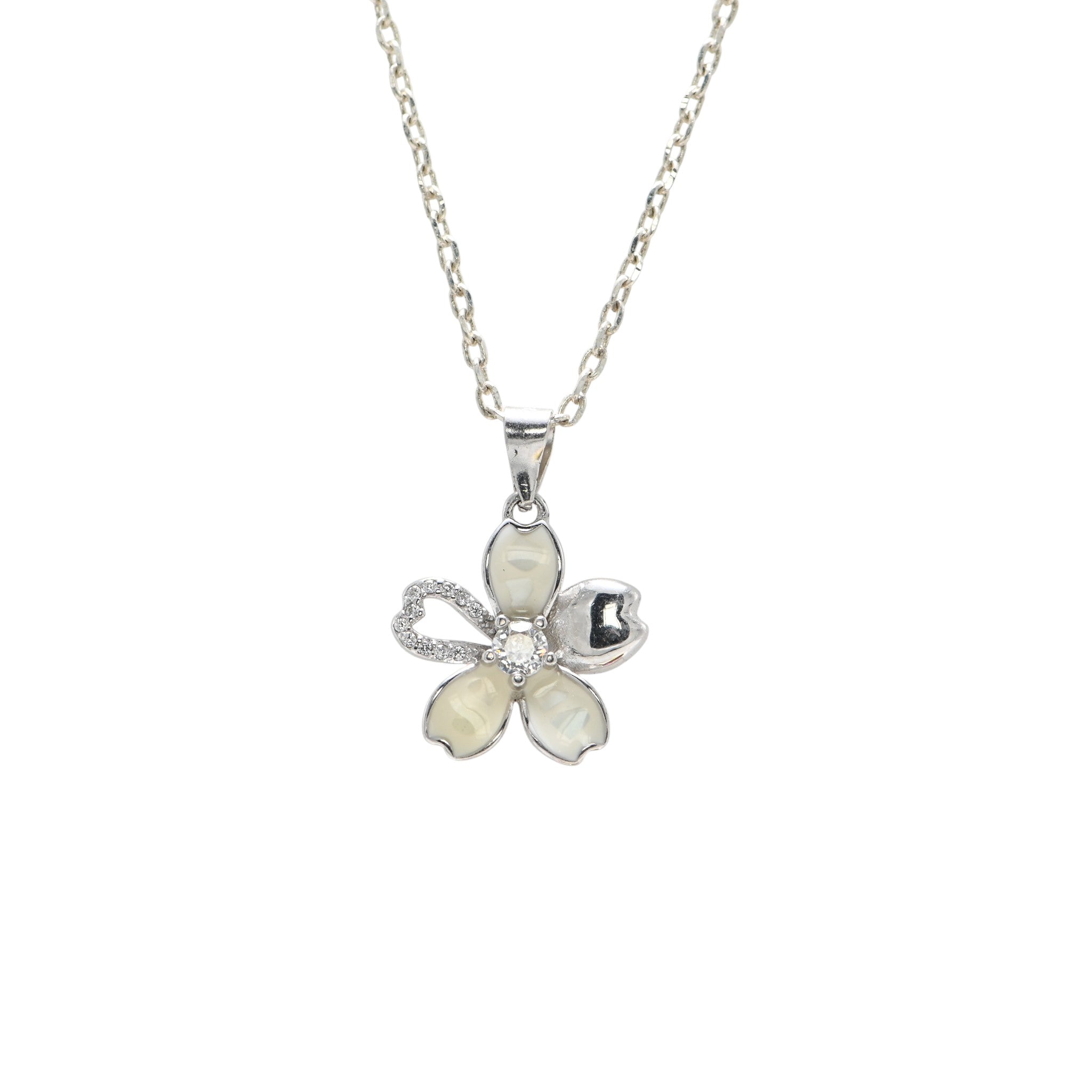 925 Sterling Silver Rhodium Plated Round Necklace with Brilliant CZ and Mother of Pearl