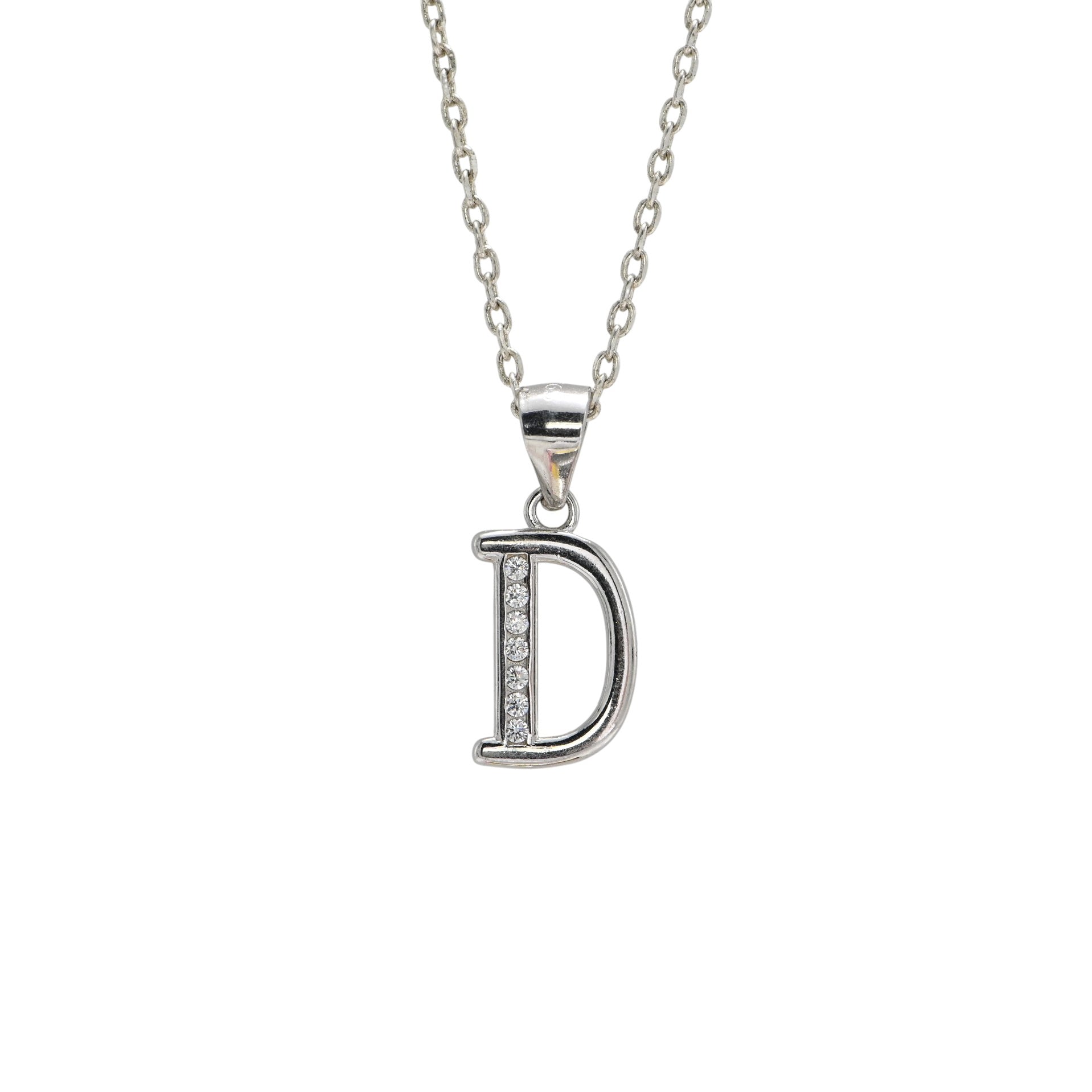 925 Sterling Silver CZ D Letter Pendant Necklace – Rhodium Finish