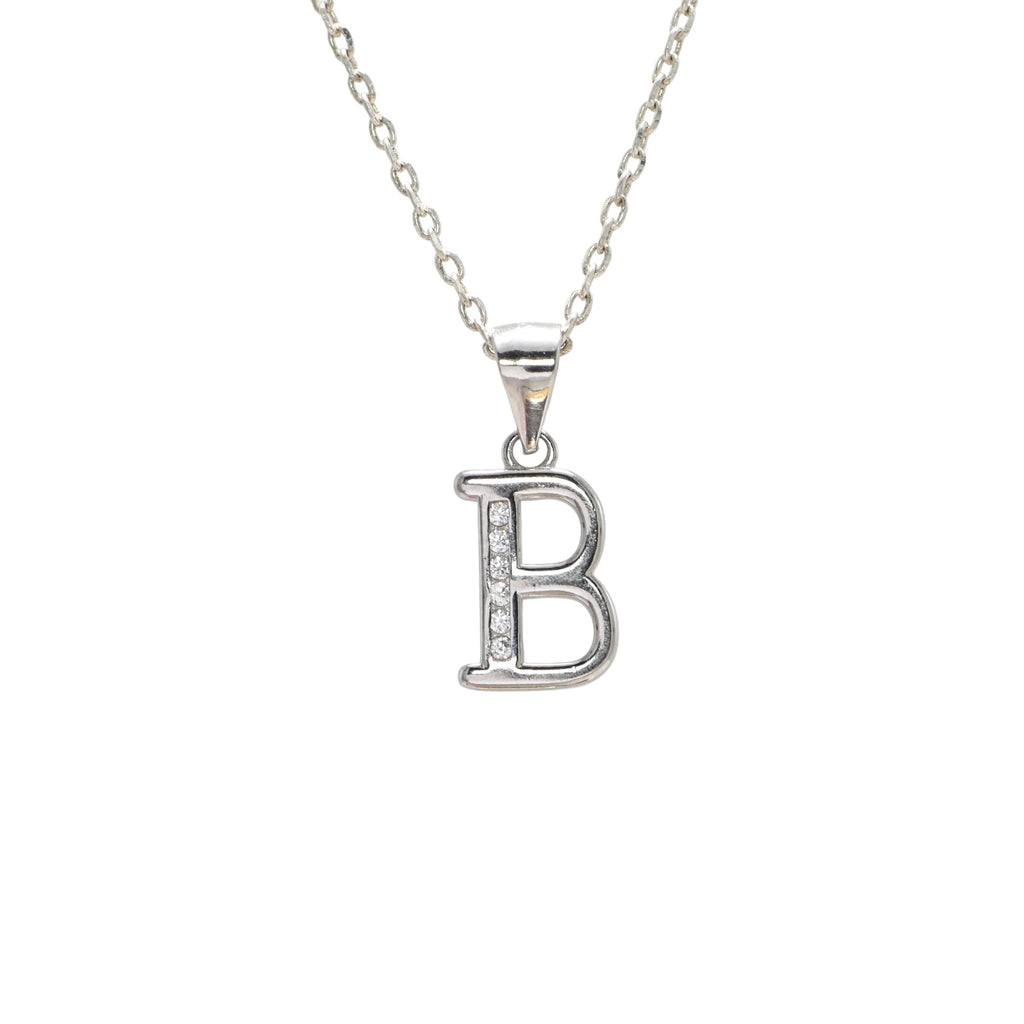 Sterling Silver B Initial Pendant Necklace with Round Brilliant CZ, Rhodium Plated
