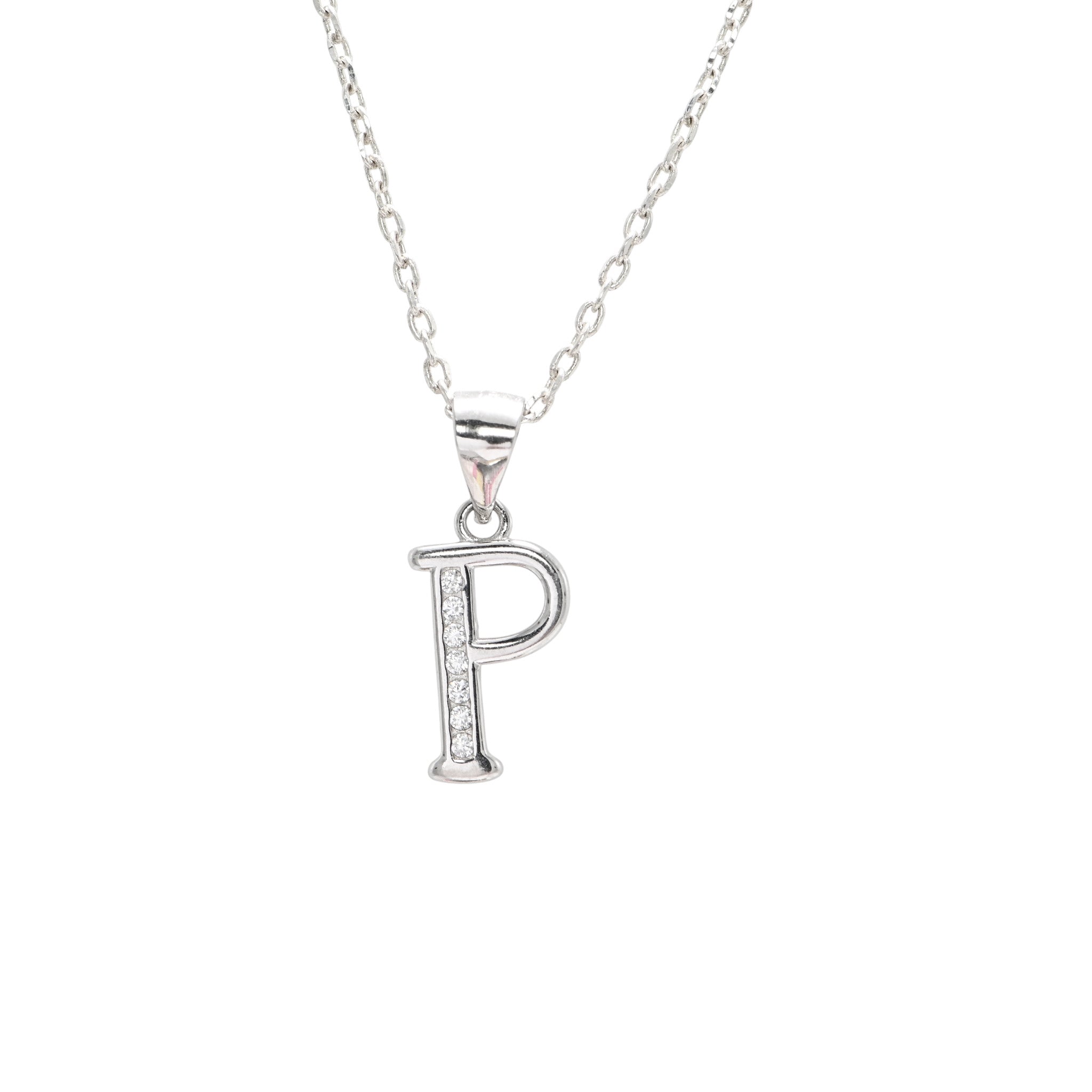 925 Sterling Silver CZ P Letter Pendant Necklace Everyday Wear
